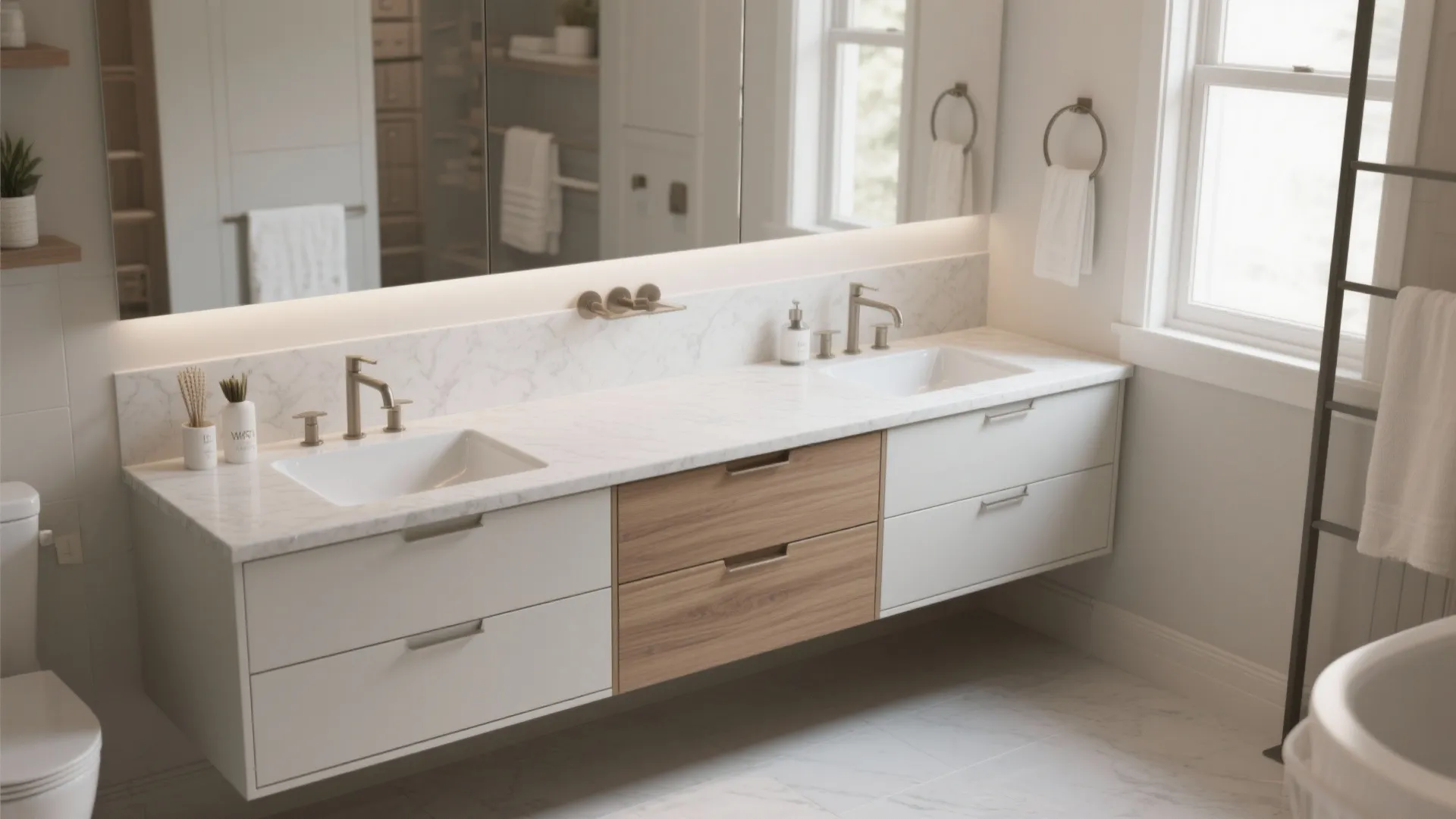 Modern bathroom with double sink white cabinet wooden drawers large mirror and bright natural light window
