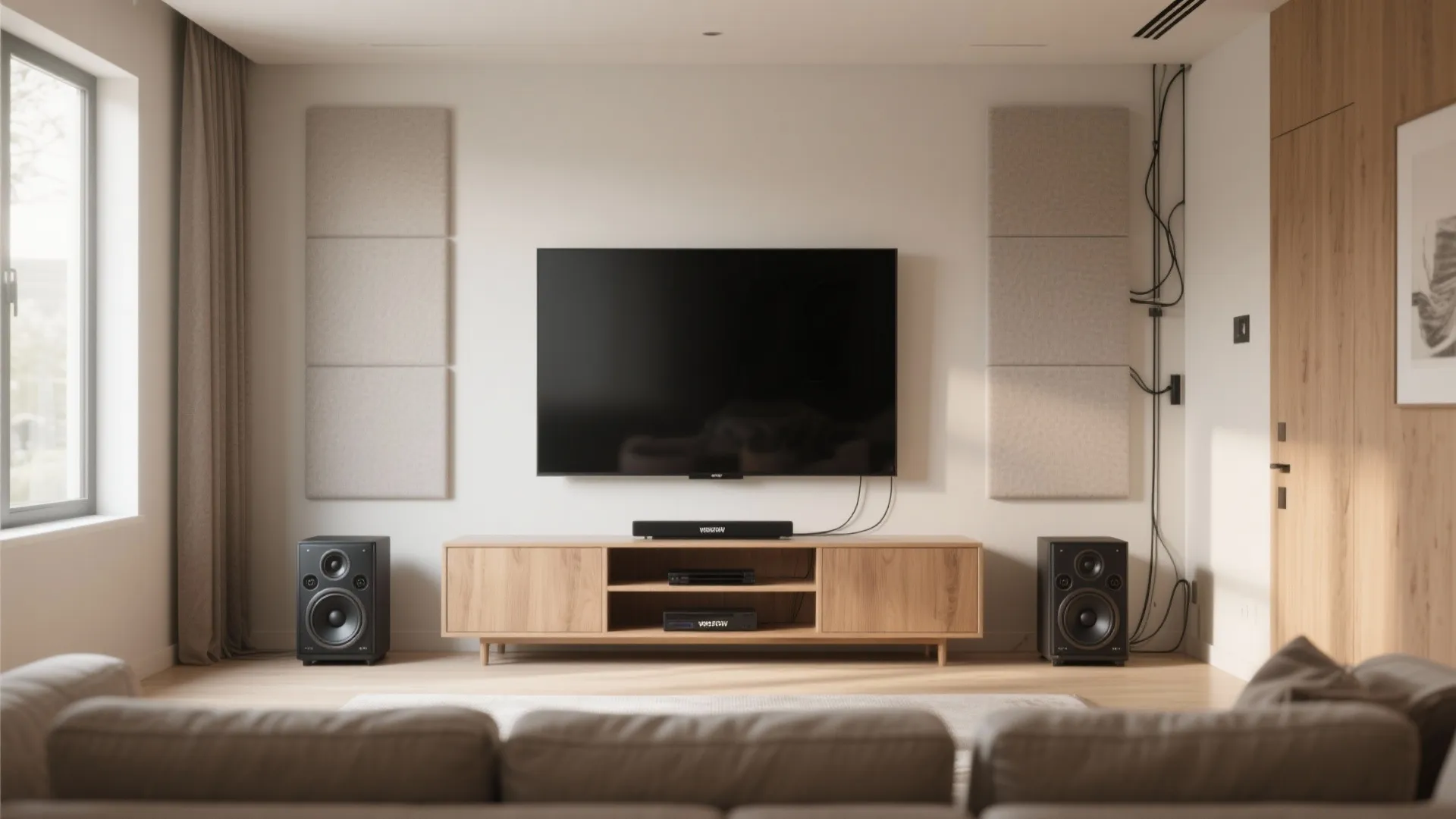 Small living room showing two compact sealed subwoofers positioned front corner and mid-side wall.