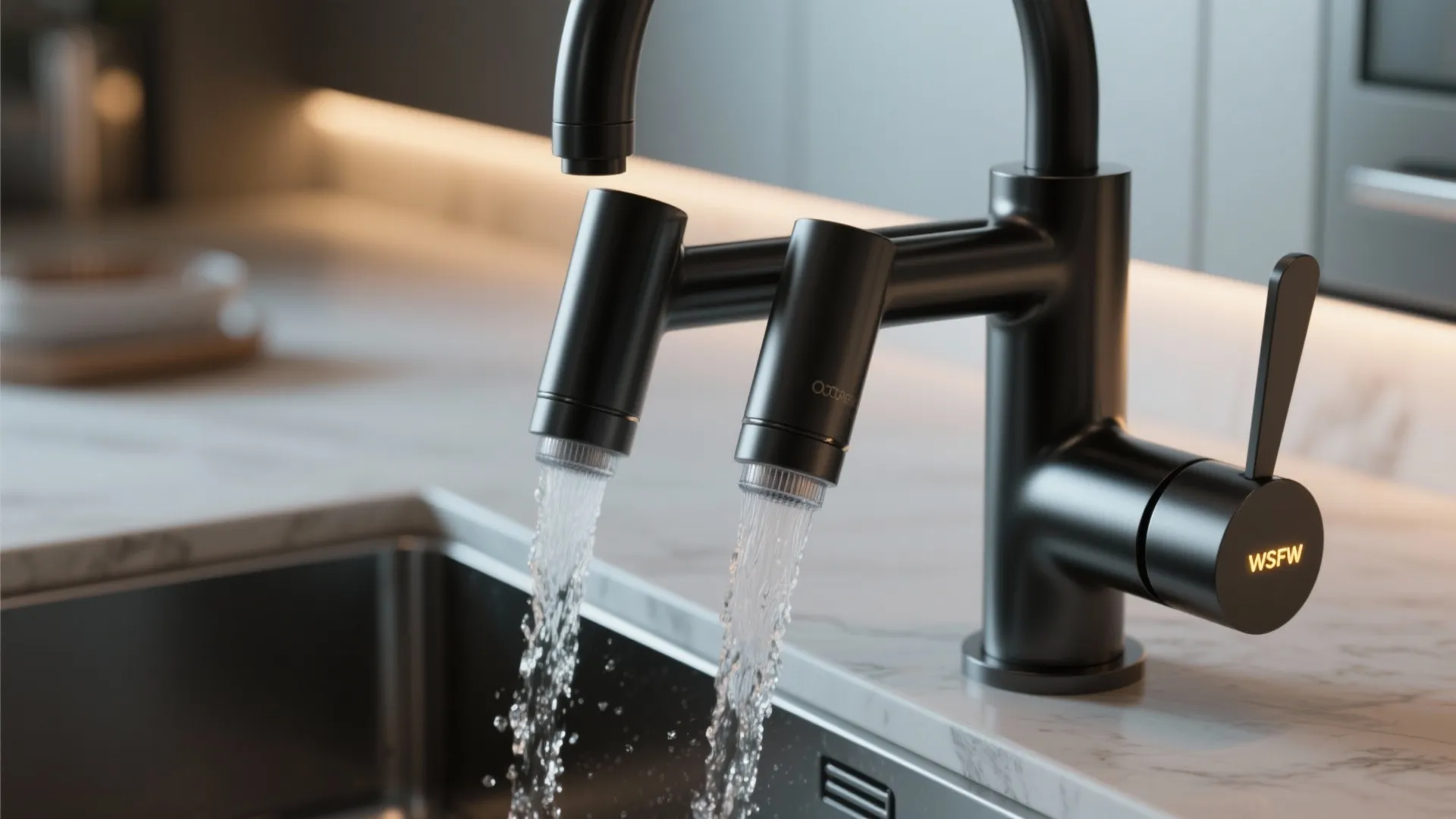 5. Swivel dual-spout faucet + filtered drinking tap + built-in LED temp indicator