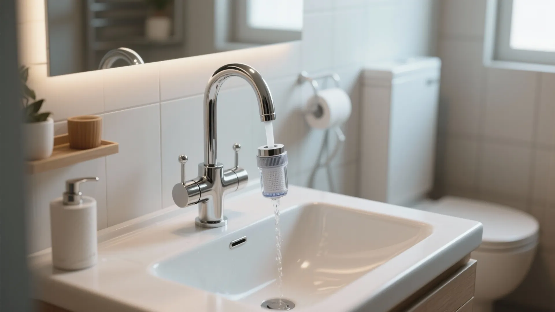 Modern silver sink tap with water filter attachment running water into a white bathroom basin