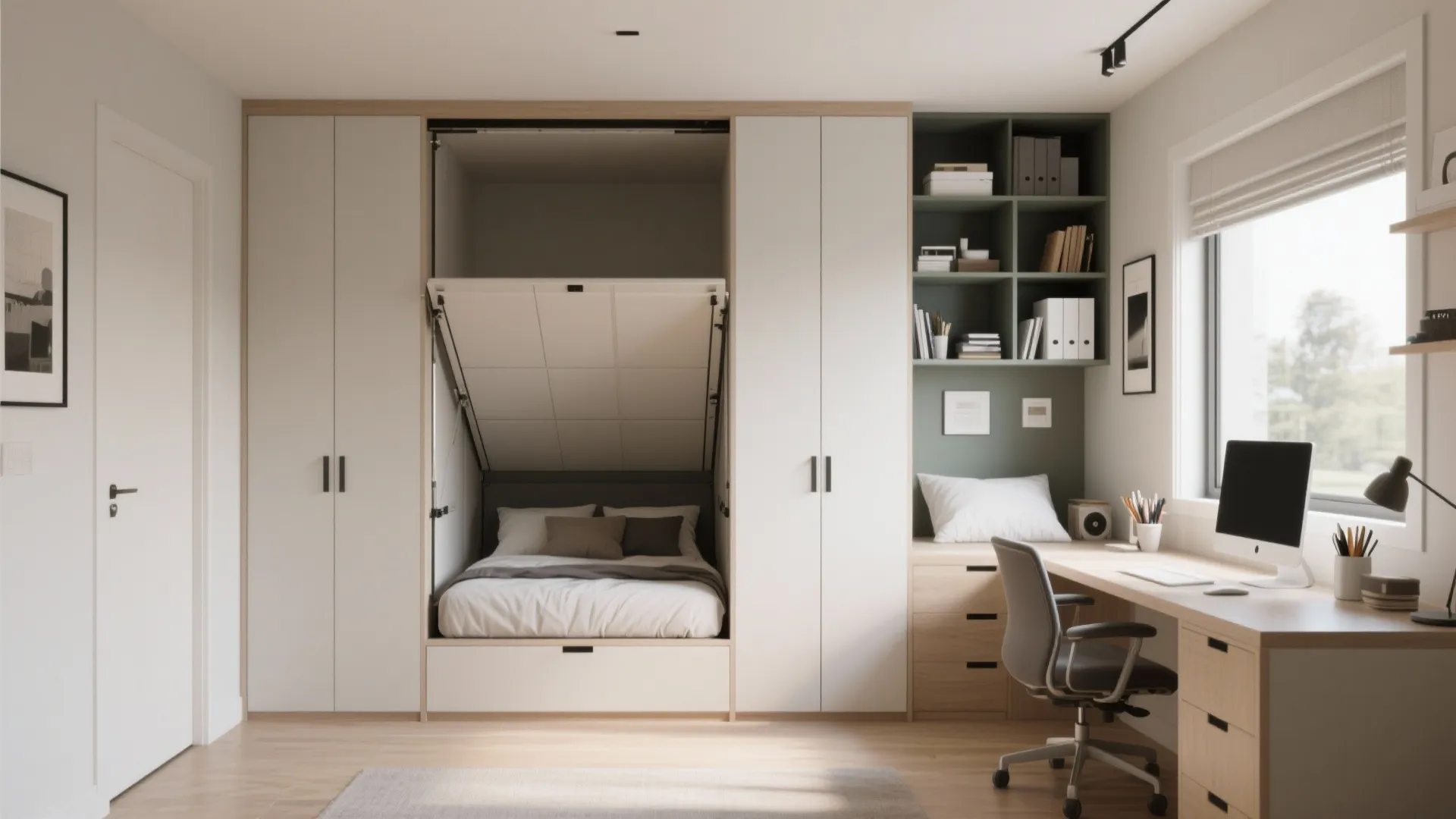 Modern home office with white cabinets a wall bed and a wooden desk with chair