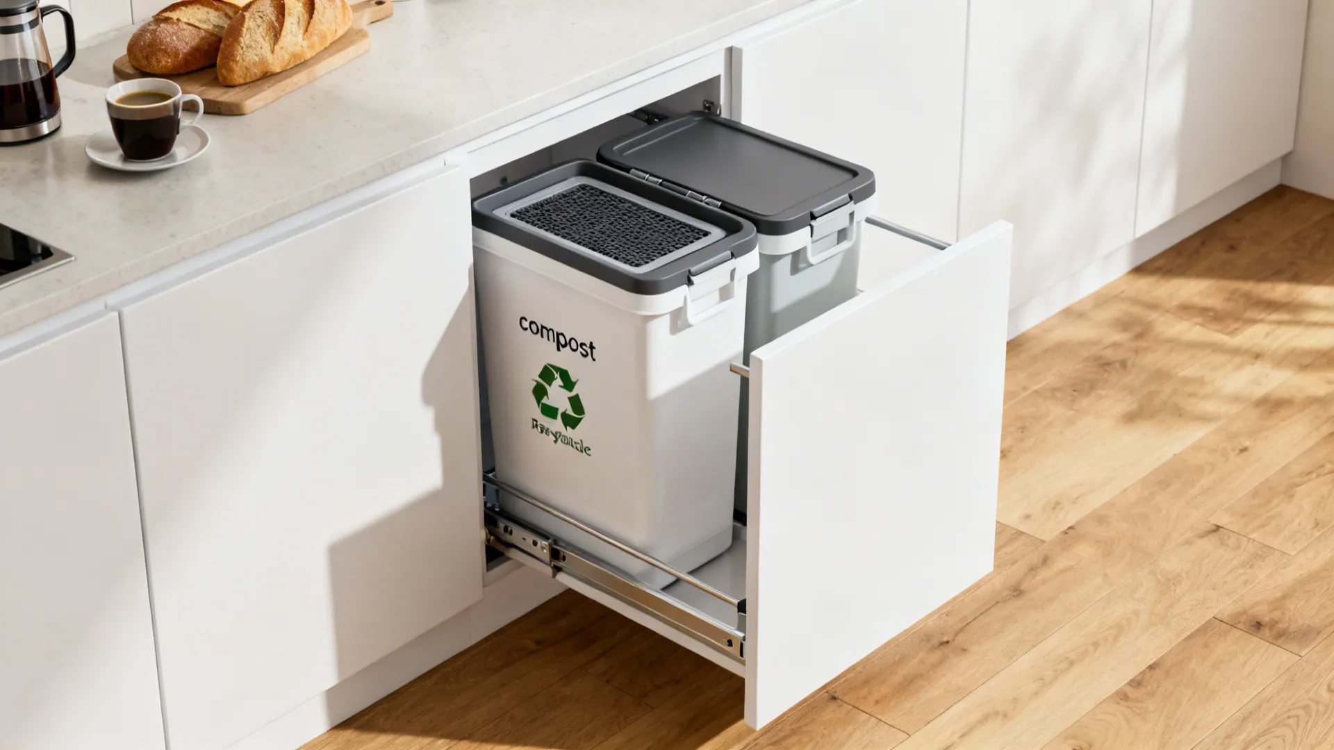Slim pull-out with two bins and a carbon-filter lid for compost and recyclables.