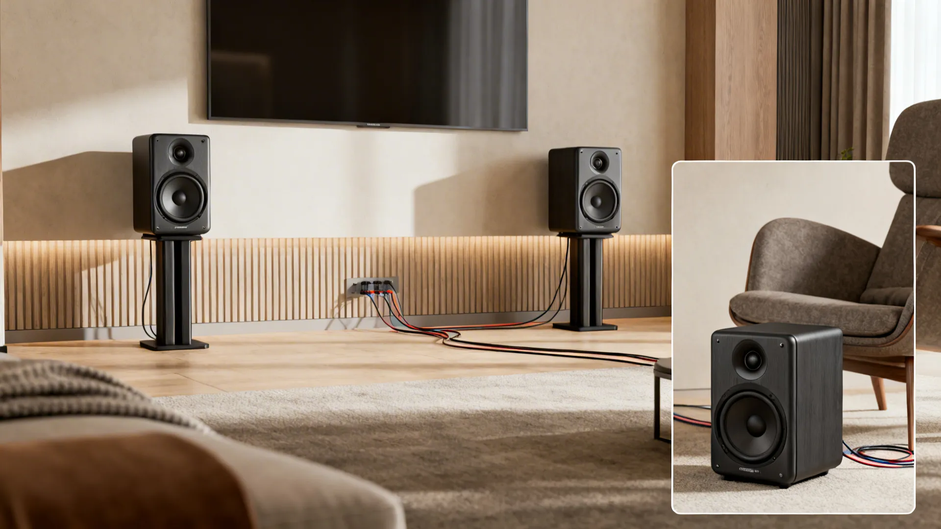 Living room with black speakers on stands, wall paneling, and speaker near a brown armchair