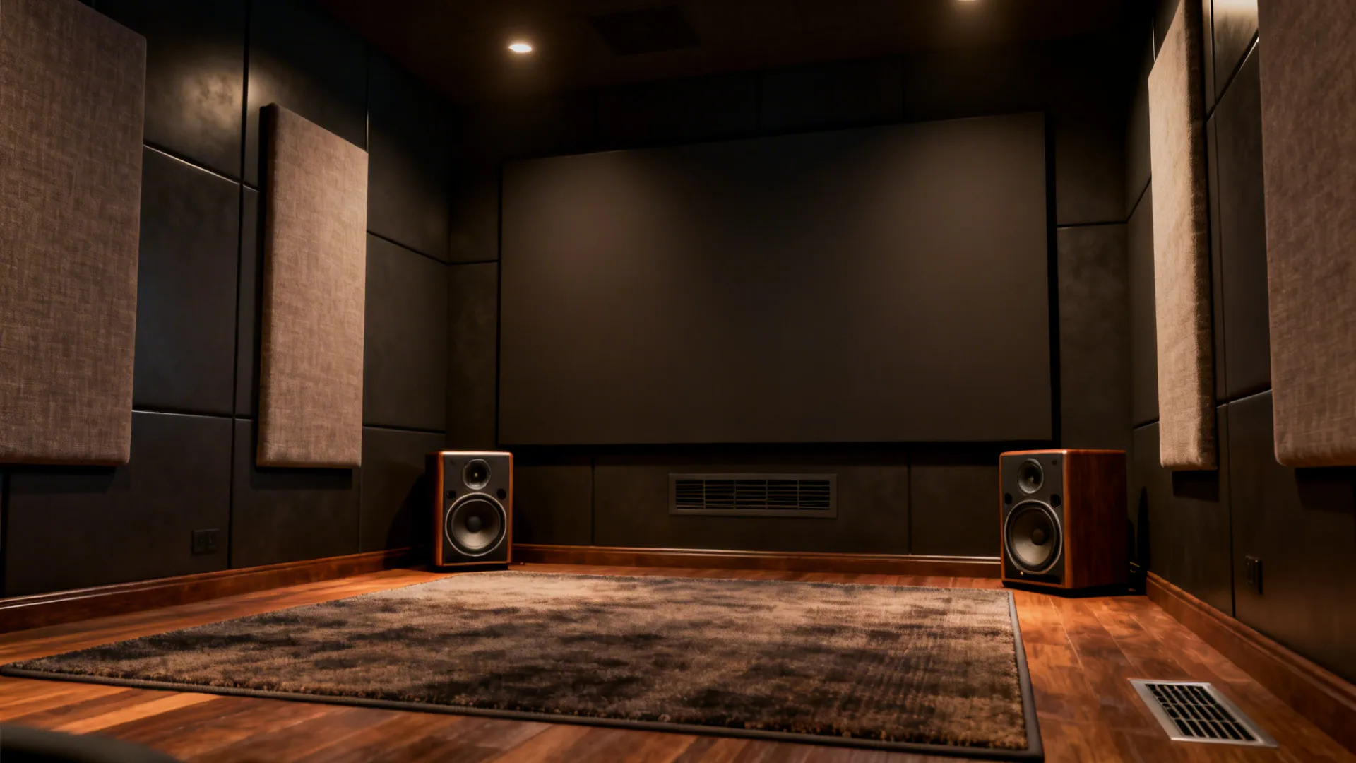 12x10 theater with dual compact subs, fabric-wrapped acoustic panels, and a thick rug for bass control.