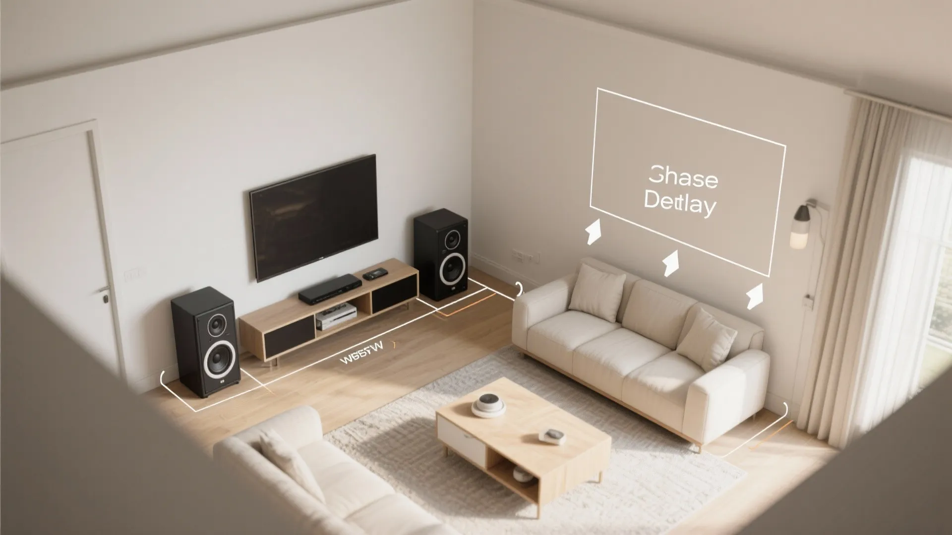 Top-down view showing dual subwoofer positions and alignment flow in a compact room.