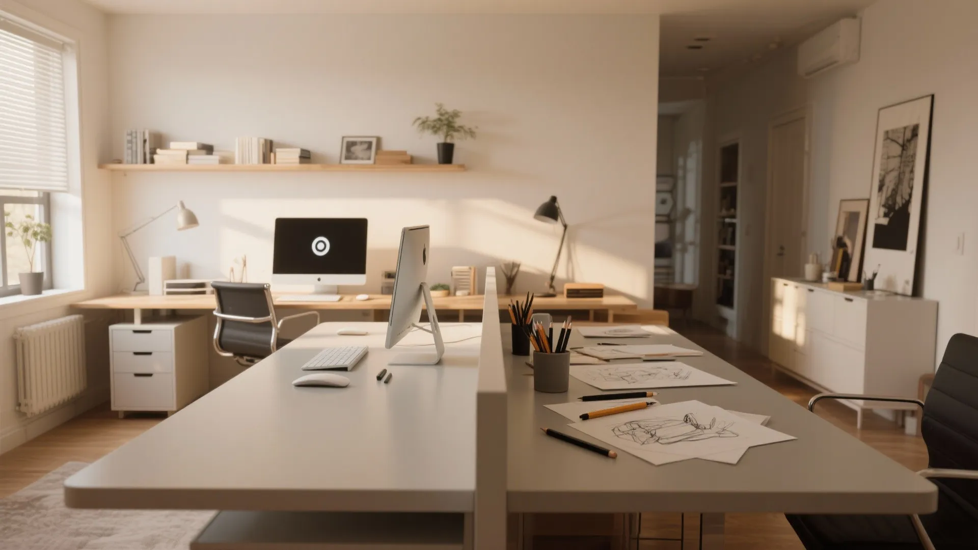 Modern office workspace with double desk computers paper drawings white walls and natural sunlight window