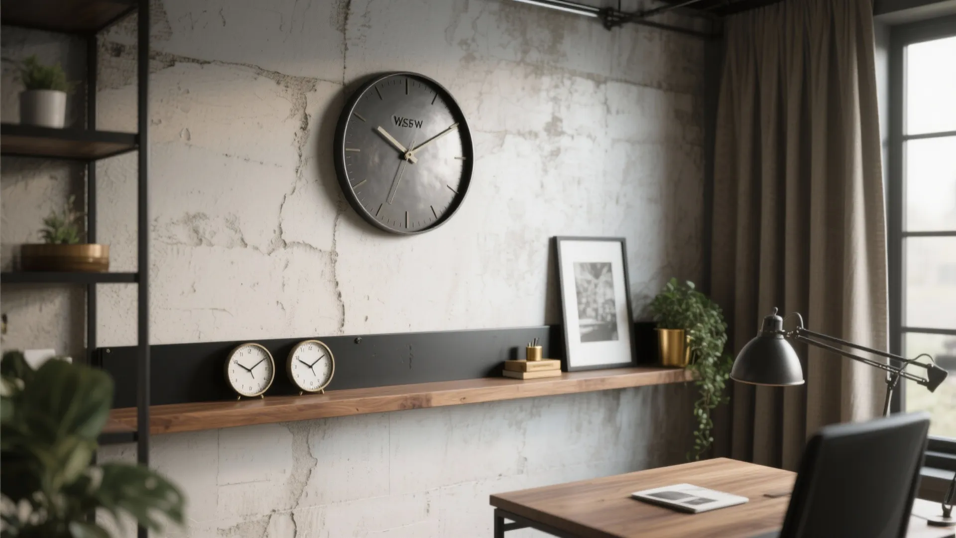 Industrial loft wall with a matte metal clock on a textured limewash panel and a slim ledge below, plus two small dual-time clocks.