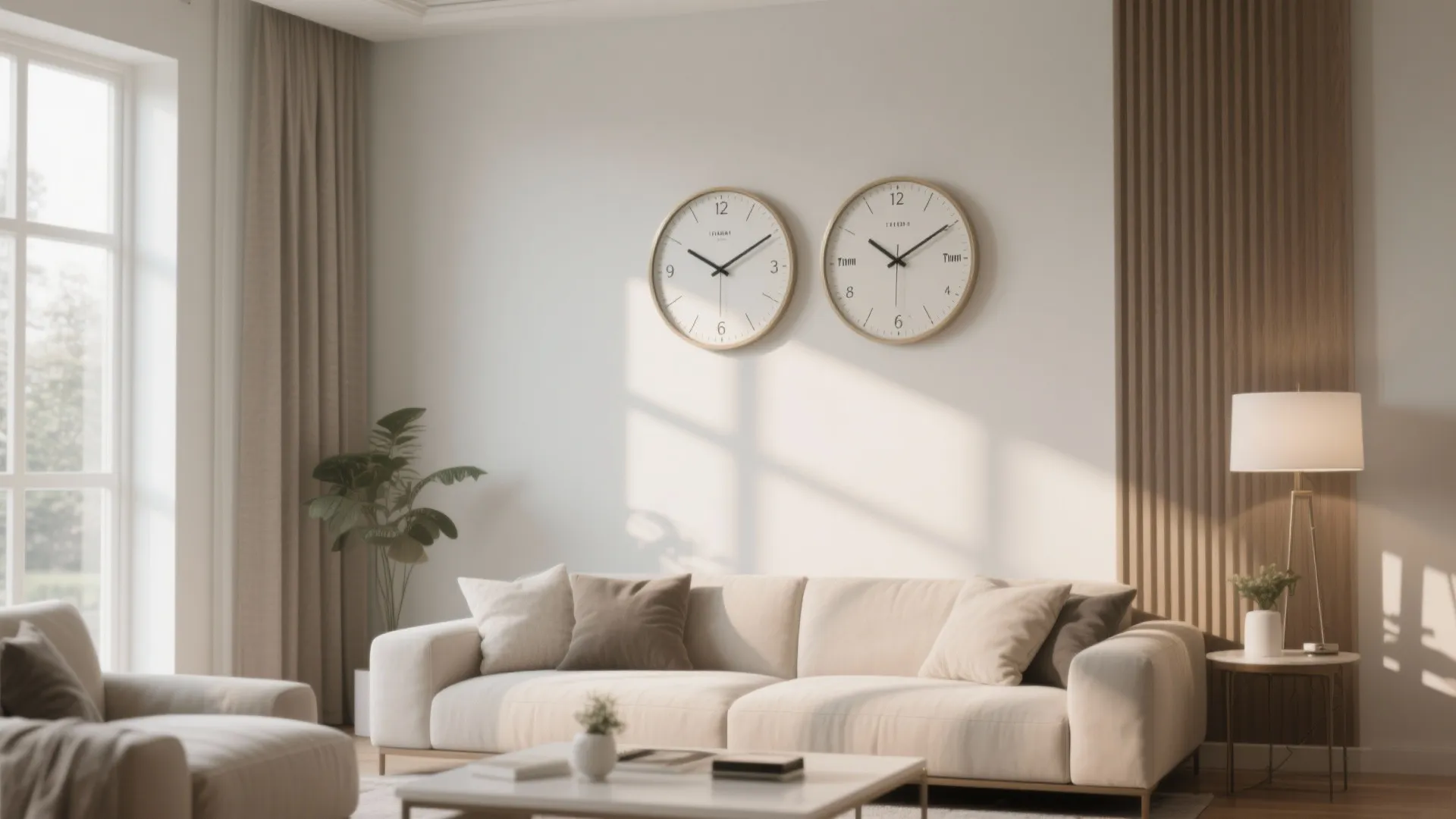 Dual-time zone wall clock with two faces in modern living room