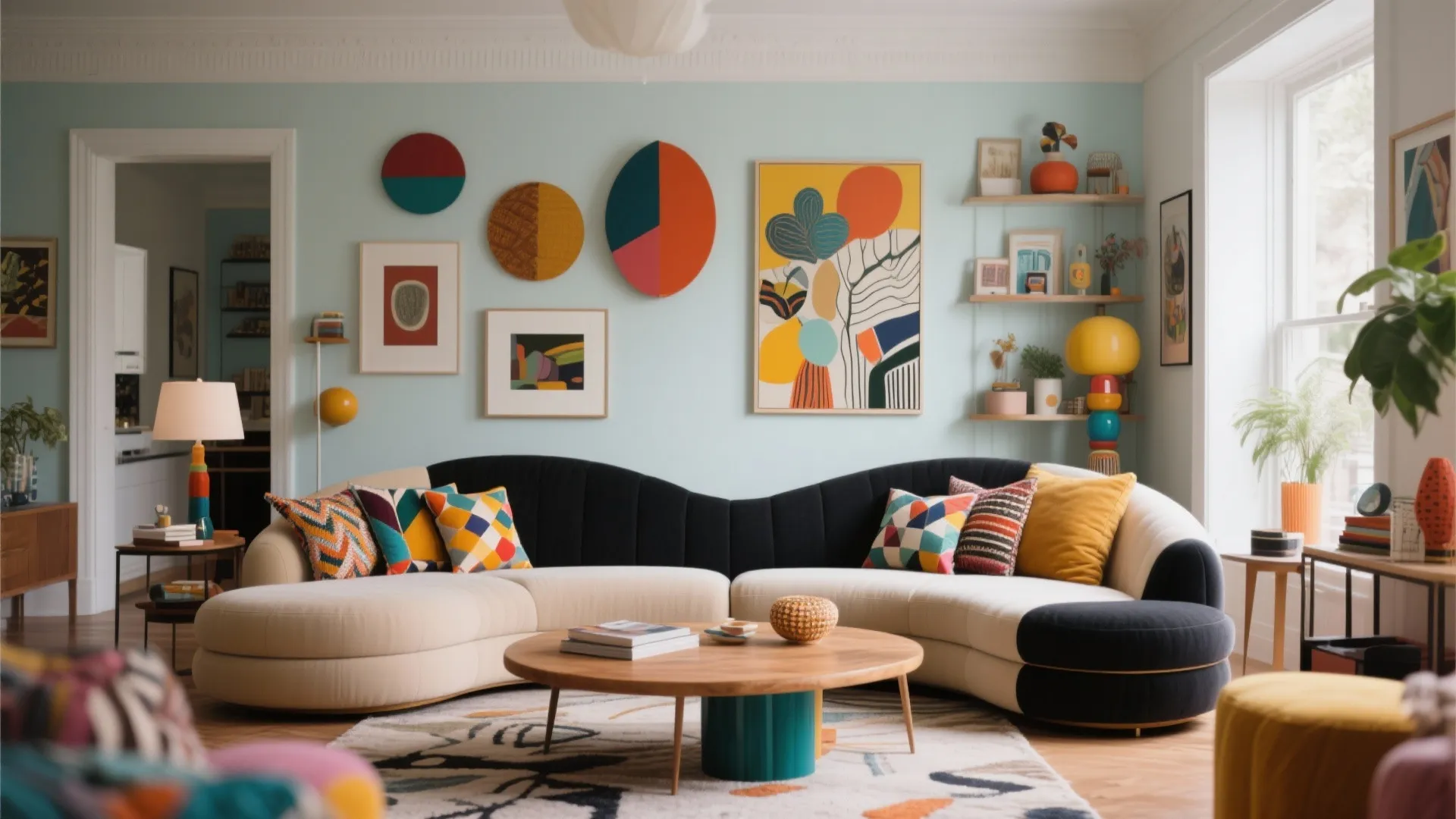 8. Dual-Tone Curved Sofa for Visual Drama