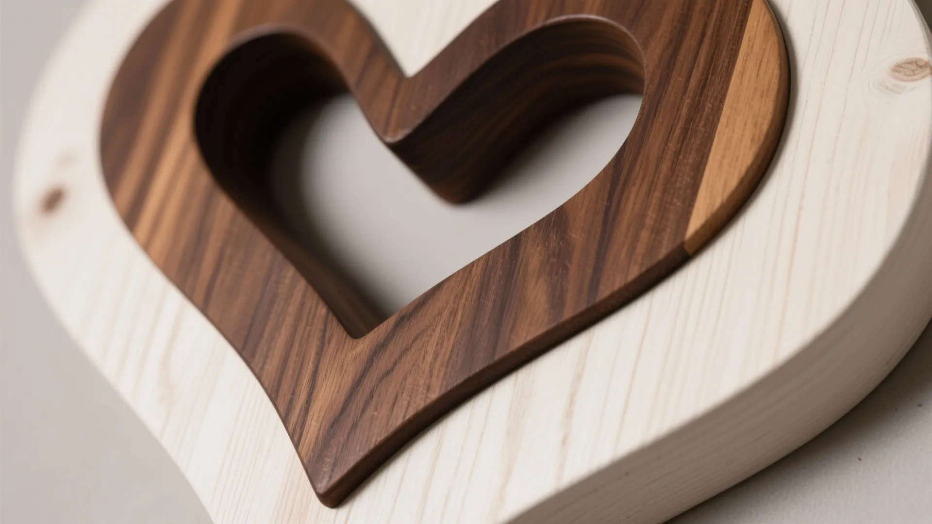 Dual-tone walnut and whitewashed pine wooden heart close-up
