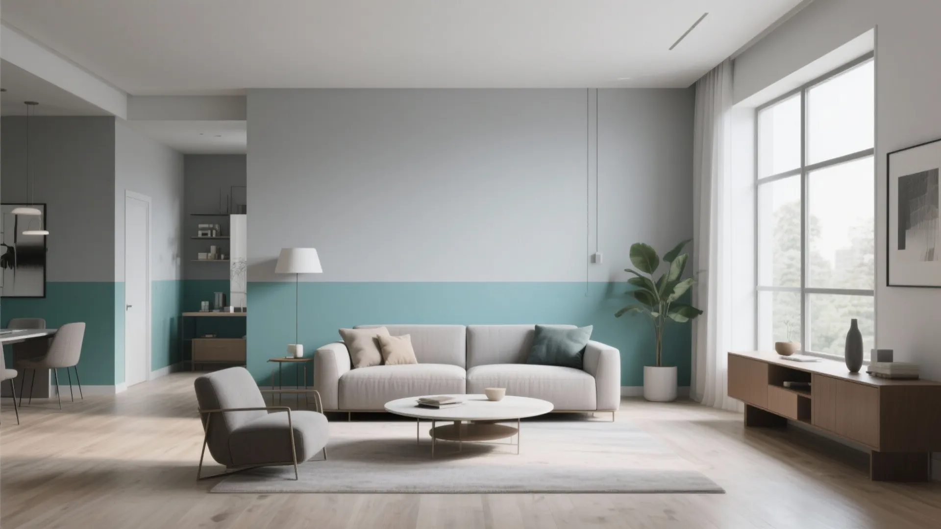 Spacious living room with grey and blue walls featuring a grey sofa and wooden cabinet