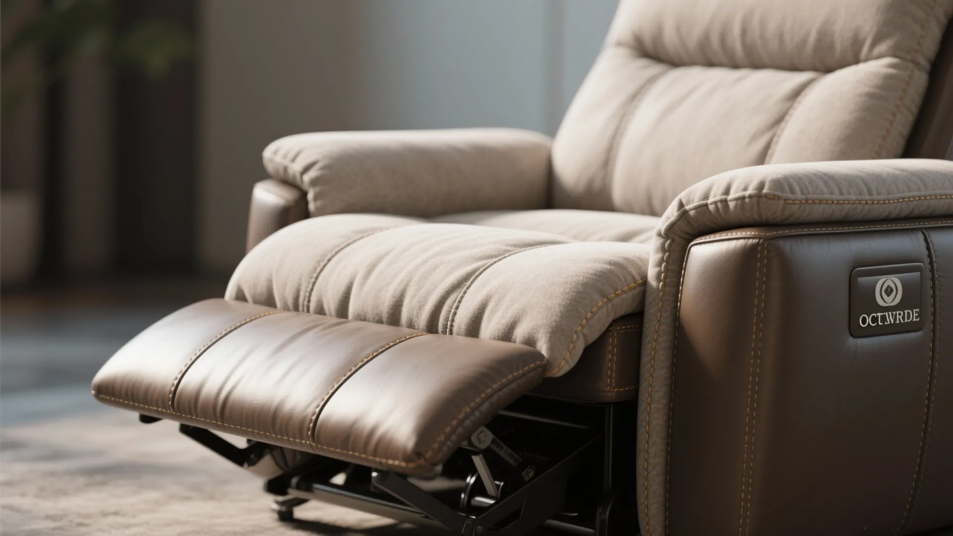 Dual-tone recliner sofa with leather base and fabric seating