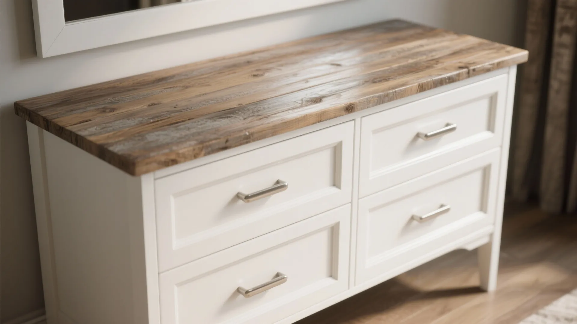 4. Dual-Tone White Vanity with Aged Accents