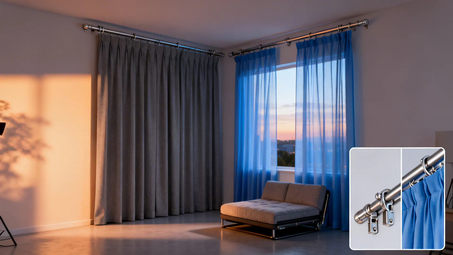 Studio with dual-track blackout grey panels and decorative blue drapes showing day and night use.