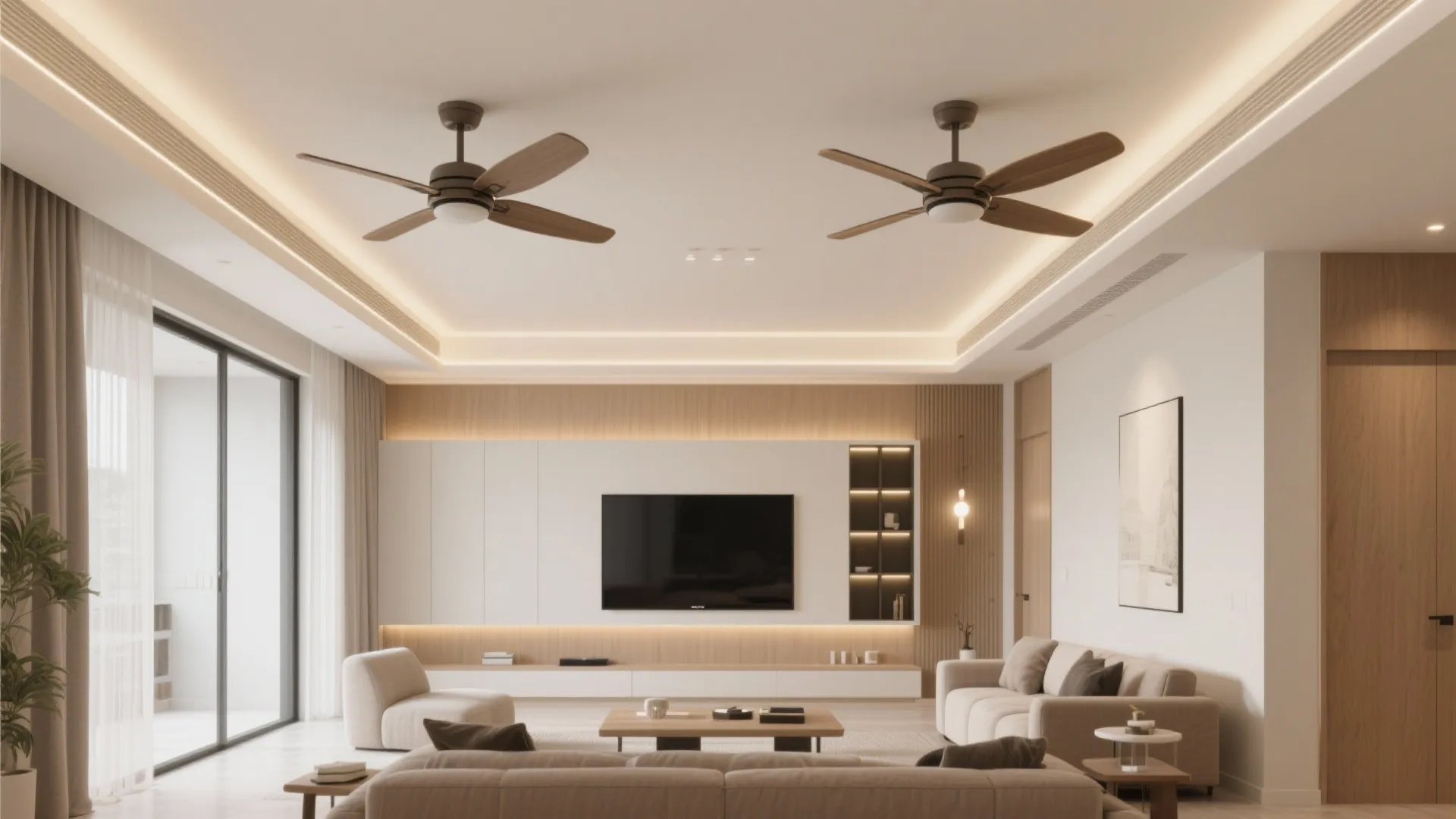 Modern living room with wooden ceiling fans white sofa tv unit and warm hidden lighting
