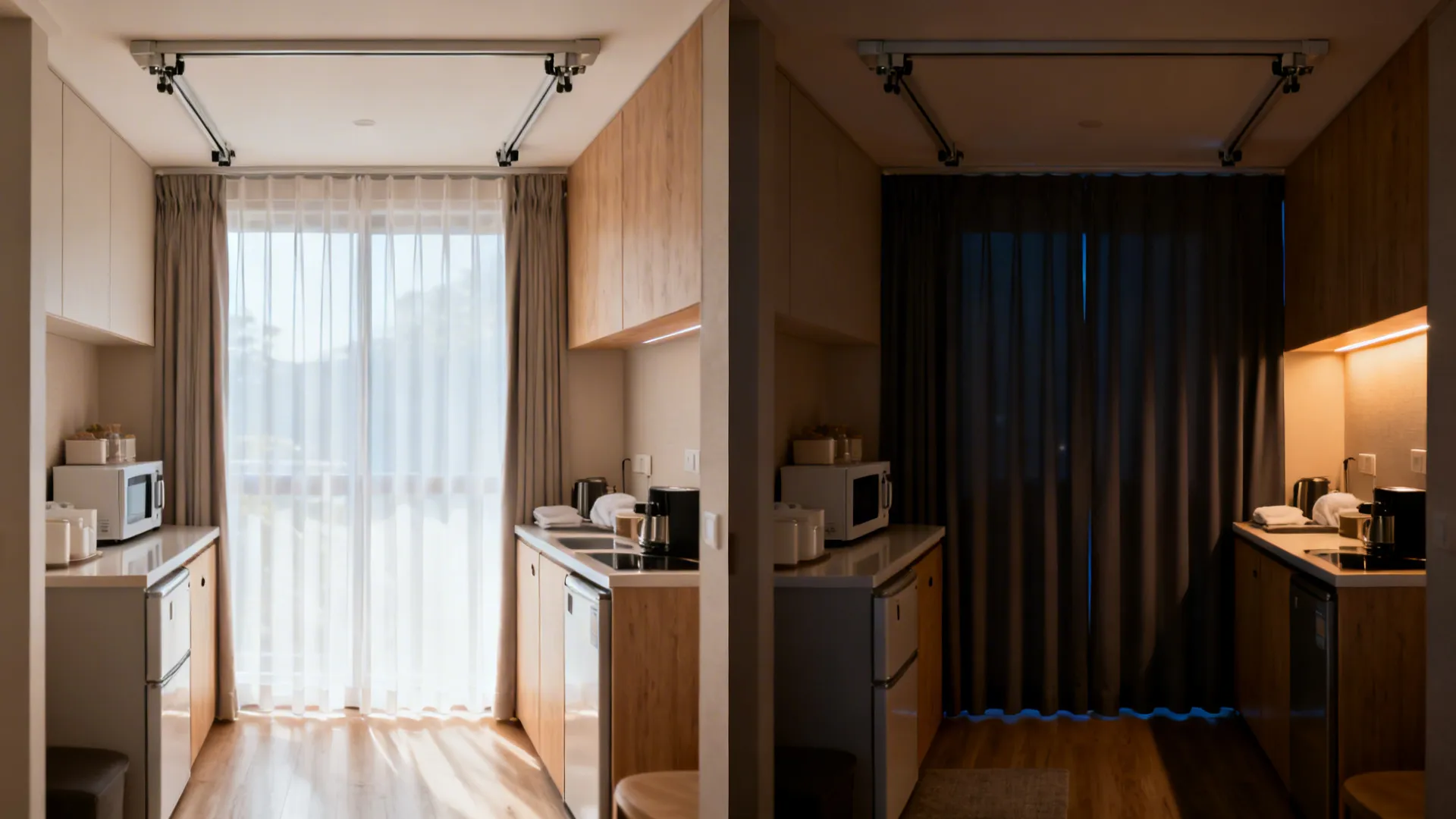Small hallway-kitchen with dual-track sheer and blackout curtains showing day-open and night-private modes.