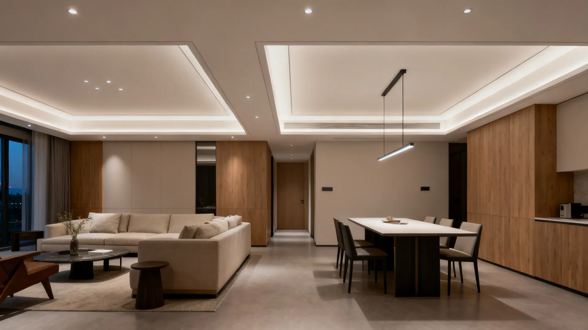 Dual-zone tray ceiling defines living and dining with shallow recesses and a slim pendant.