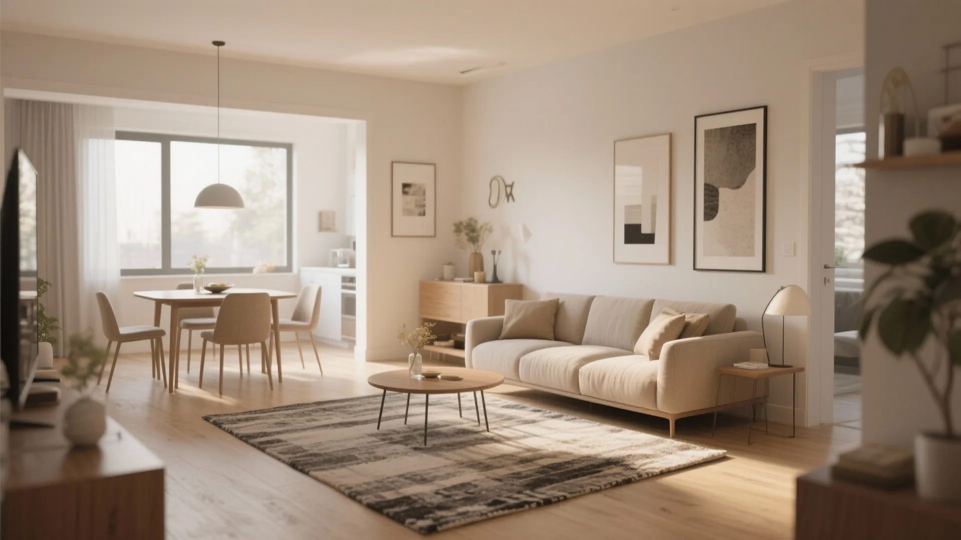 Combined living and dining area with beige sofa round coffee table and wooden dining furniture