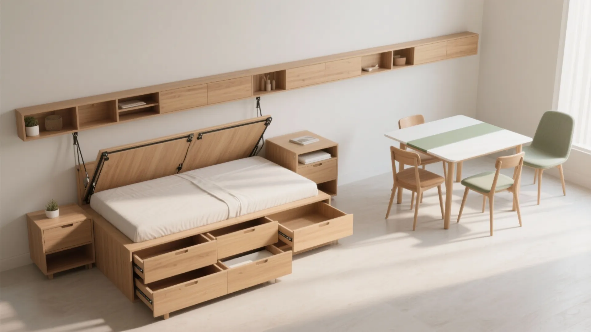 Space saving wooden bed with storage drawers and a small white dining table with chairs
