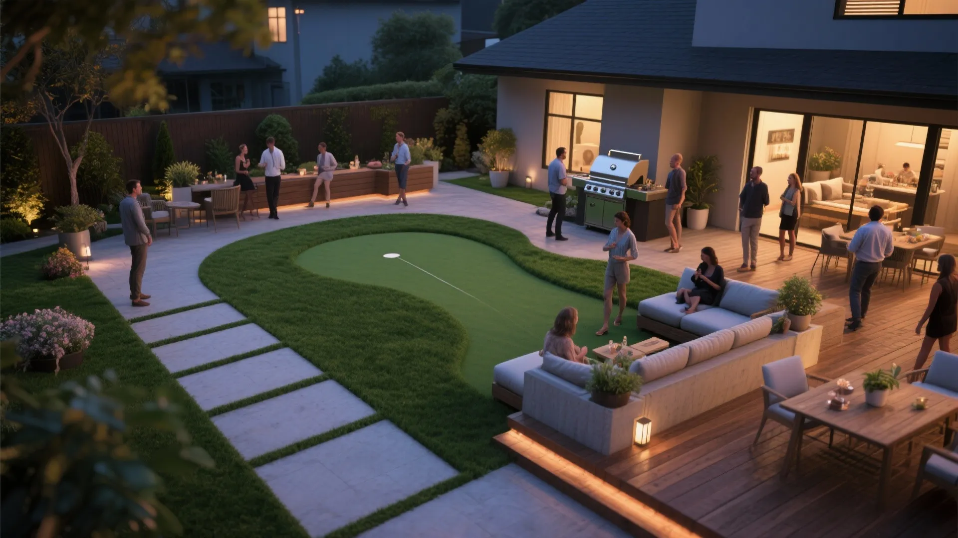 Evening backyard party with people sitting on a sofa near a putting green and grill
