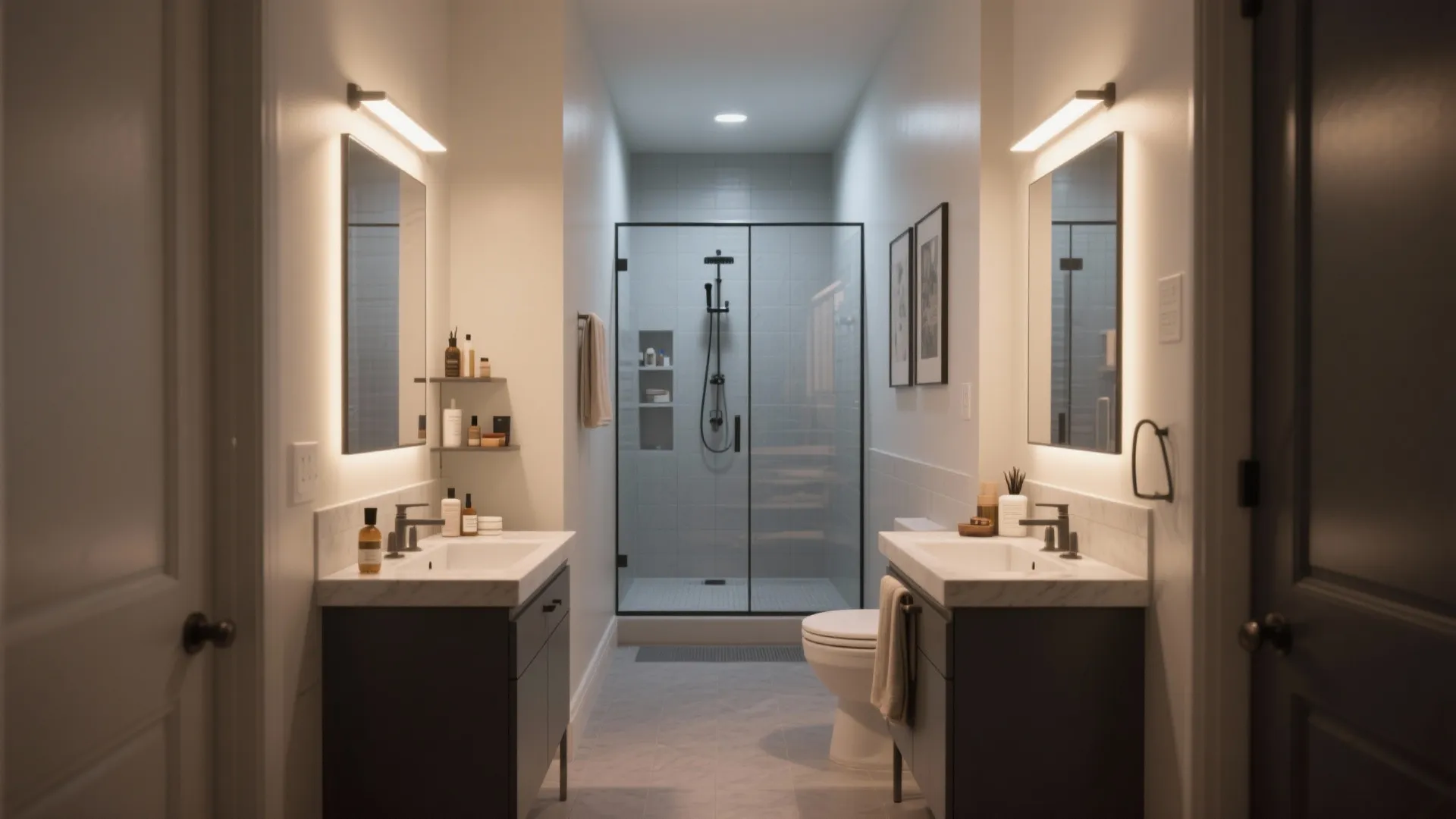 Narrow bathroom with two slim vanities and recessed mirrored storage over each sink.