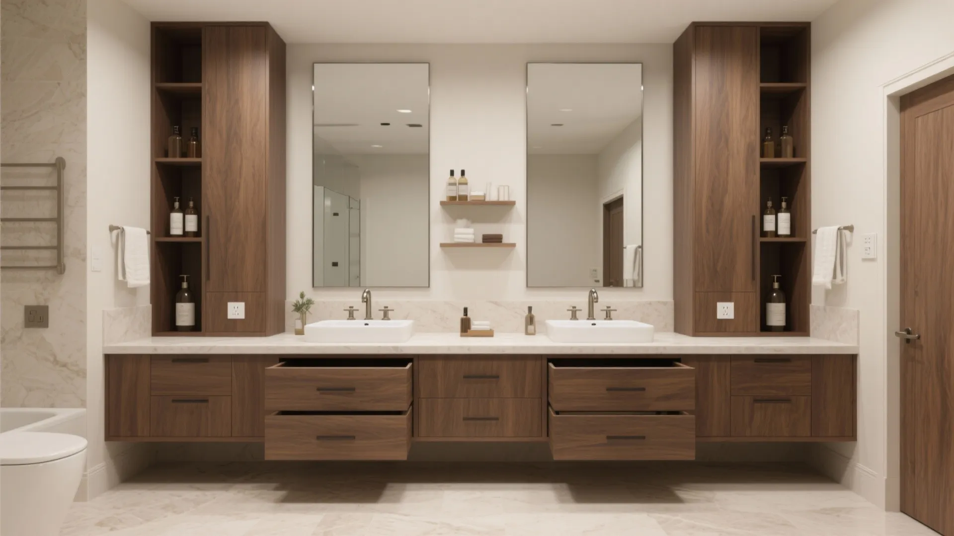 Double sink bathroom cabinet with open drawers wood storage units two mirrors and white marble countertop