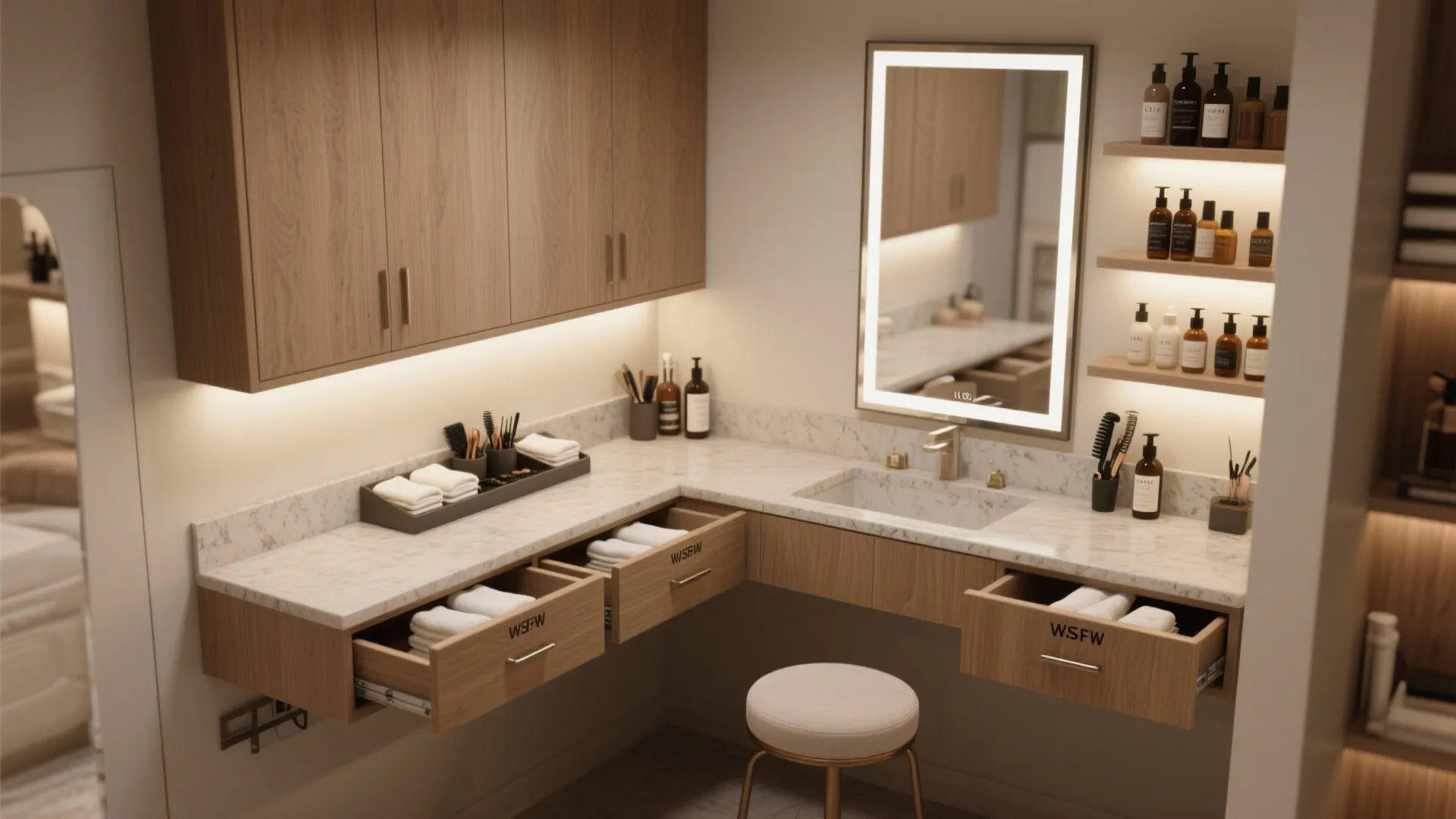 2. Dual-purpose Vanity: Styling + Hidden Storage
