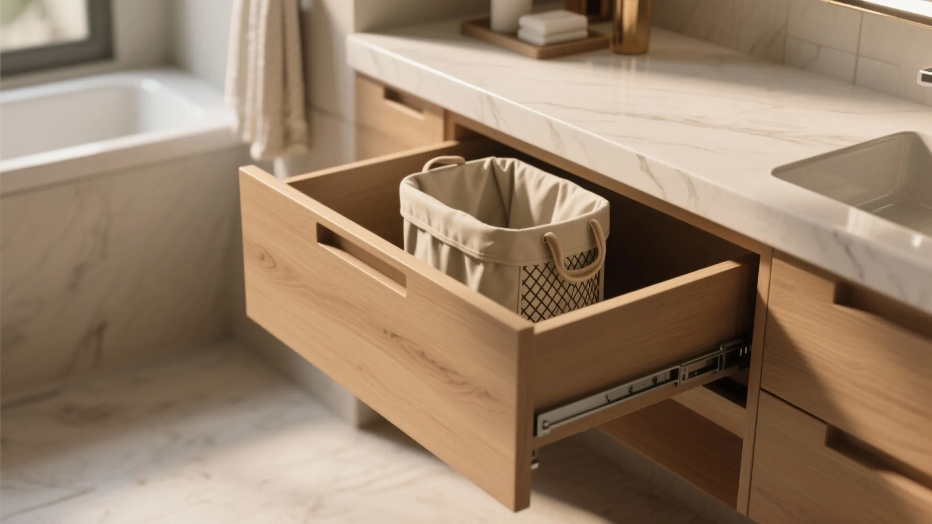 Wooden bathroom cabinet with open drawer containing a fabric laundry basket near a white sink