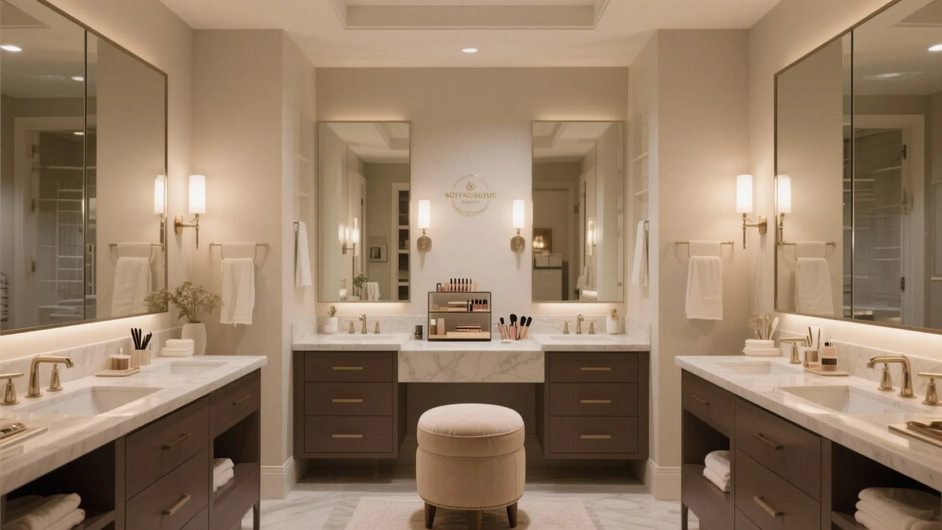 Double bathroom sink cabinet with marble top, makeup table, round footrest, and symmetrical wall lights