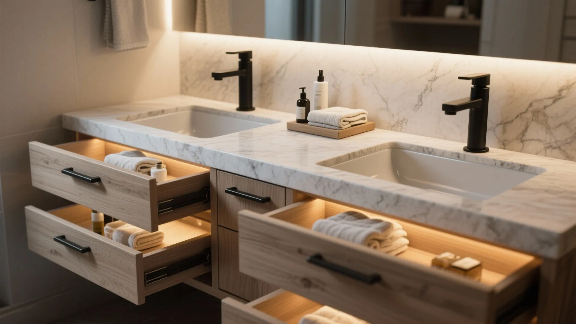 Wall-mounted dual-sink vanity with deep drawers and integrated storage, warm LED interior lighting