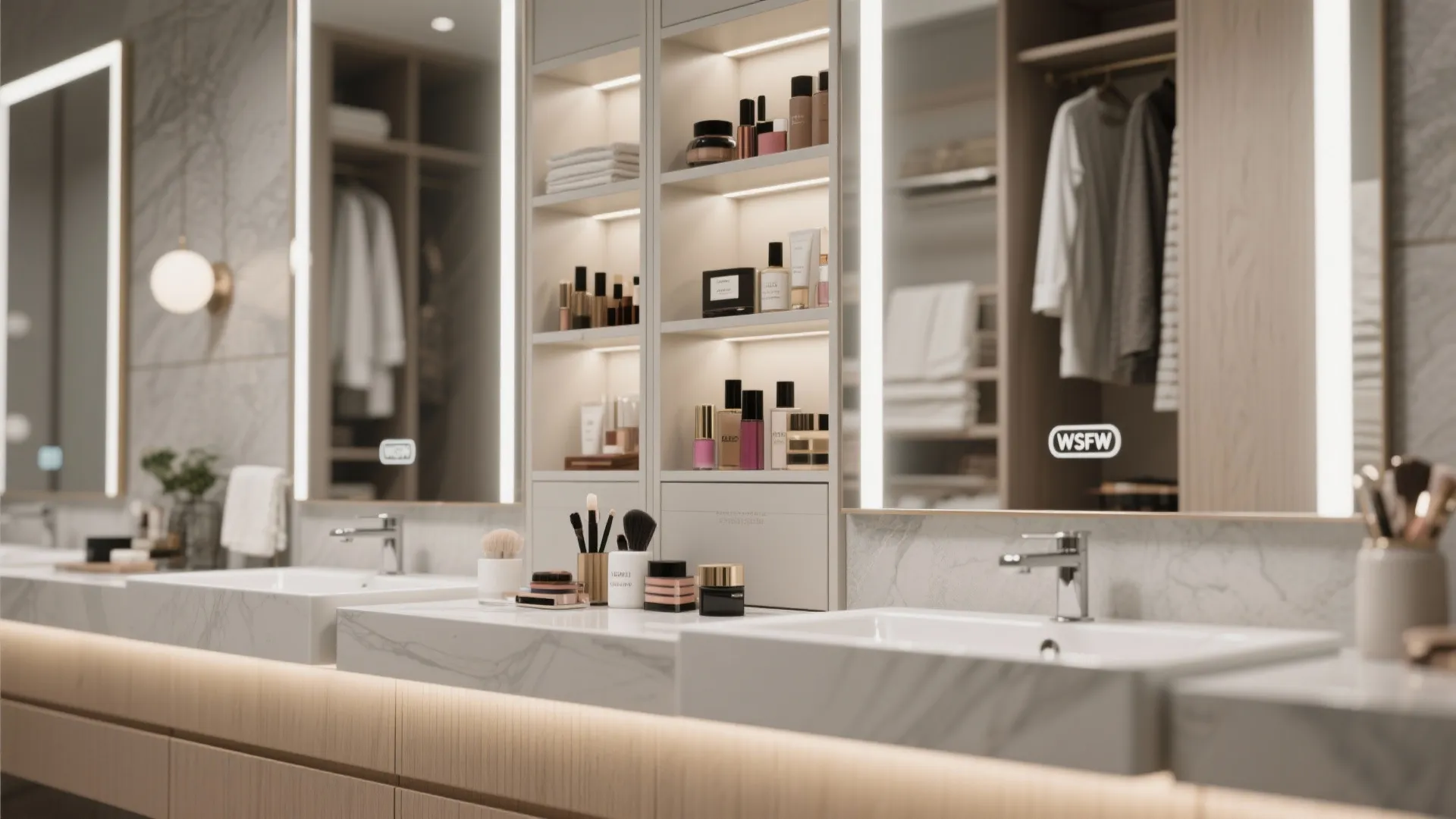 Dual vanity with integrated wardrobe
