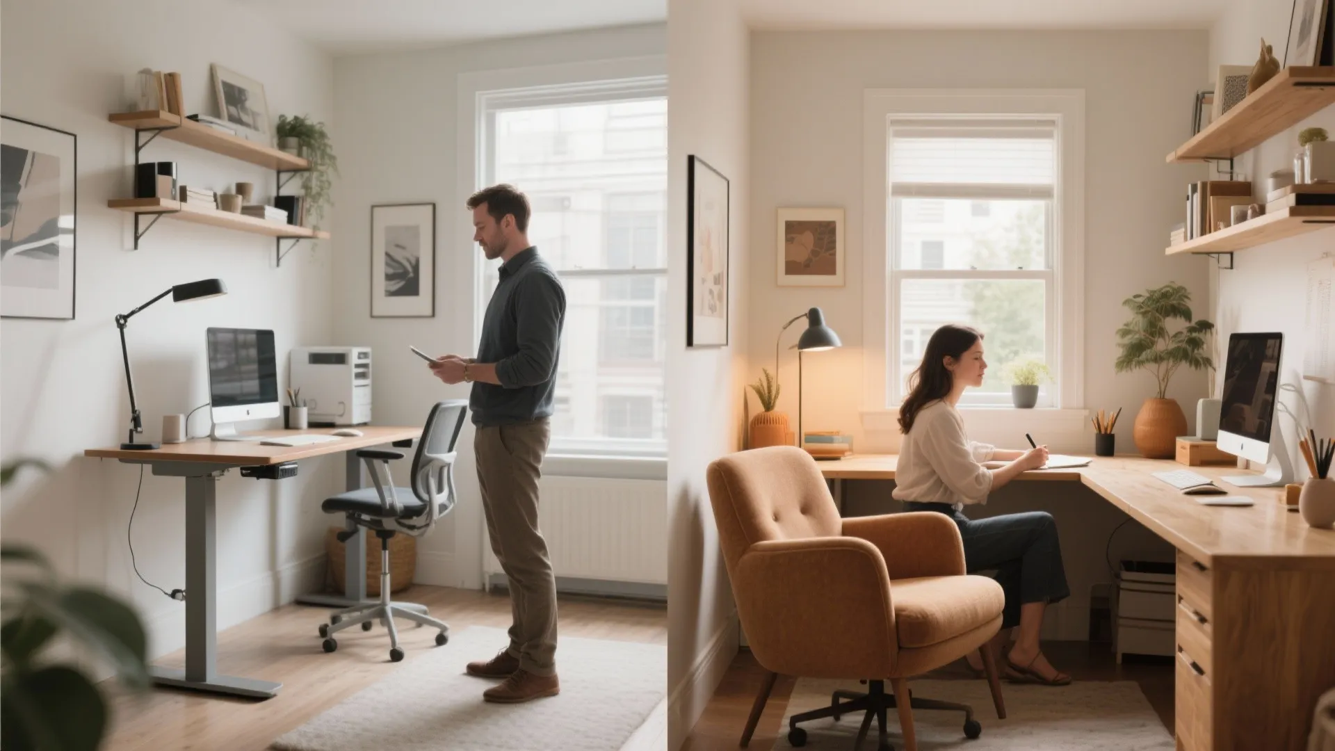 Dual work zones with standing desk and writing nook in shared office