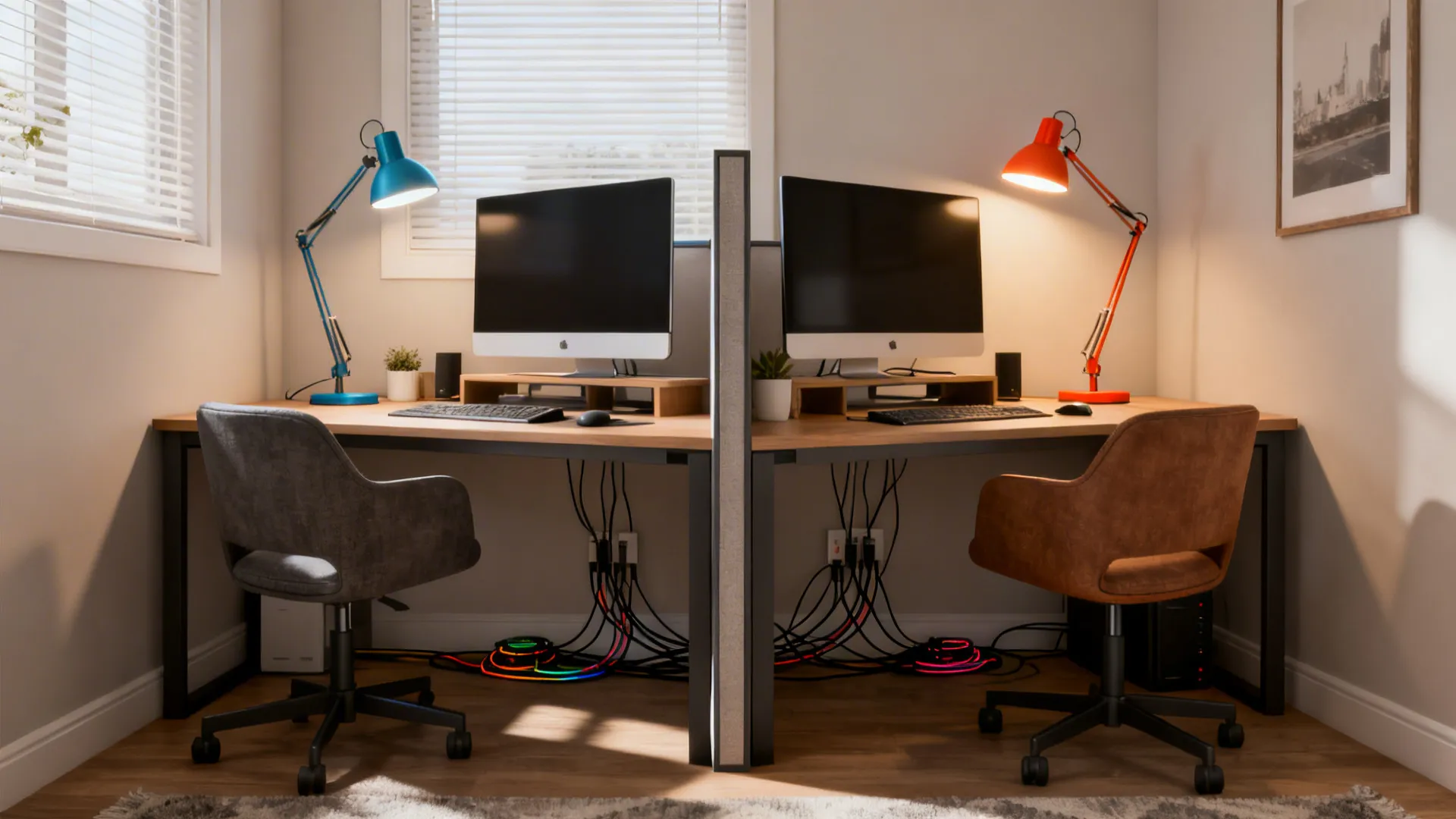 Dual-workstation L-shaped desk with two work zones, divider, and separate task lighting.
