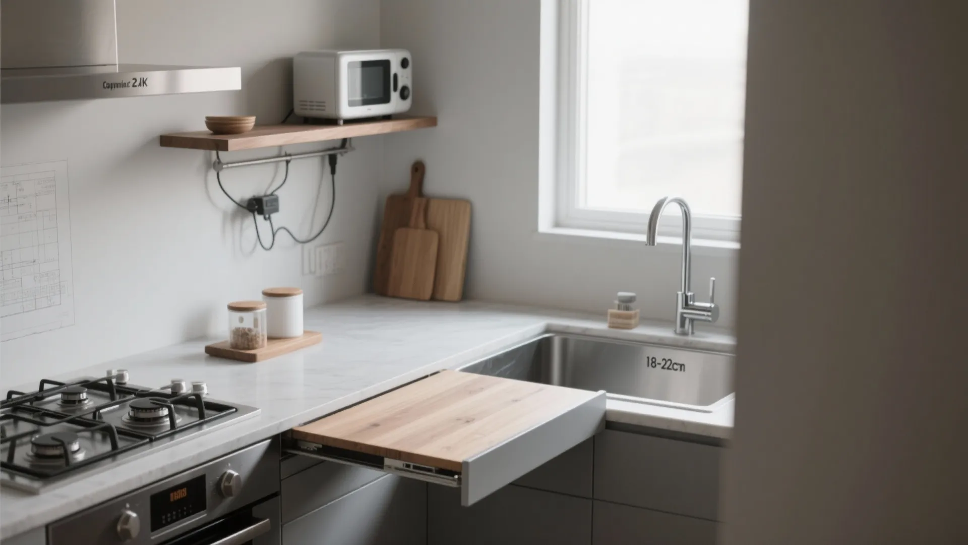 ワークトップを“二刀流”に：作業板＋スライド天板で面積1.3倍（東京小戸型＋動線規画）