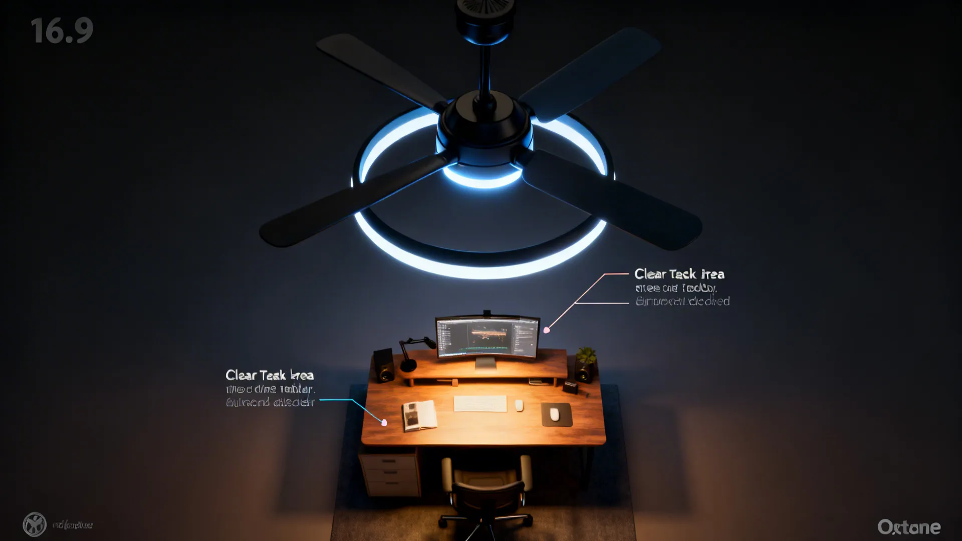 Top-down view of a dual-zone ceiling fan showing separate task and ambient lighting over a small studio desk