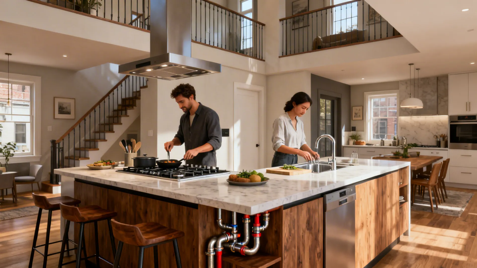 Island kitchen with separate stovetop and sink zones allowing two people to work simultaneously
