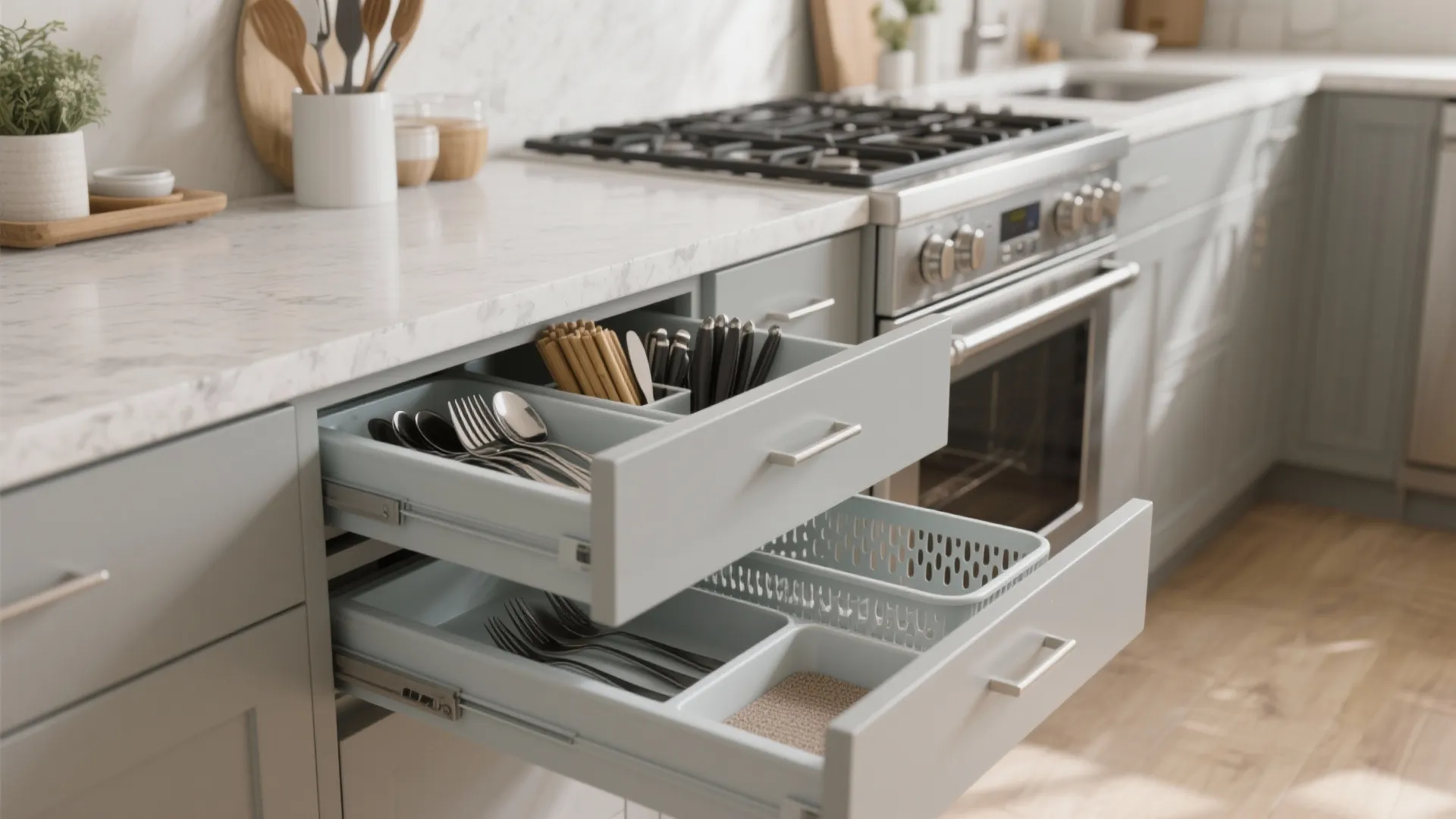 Open grey kitchen drawers with forks and spoons near a gas stove and marble countertops