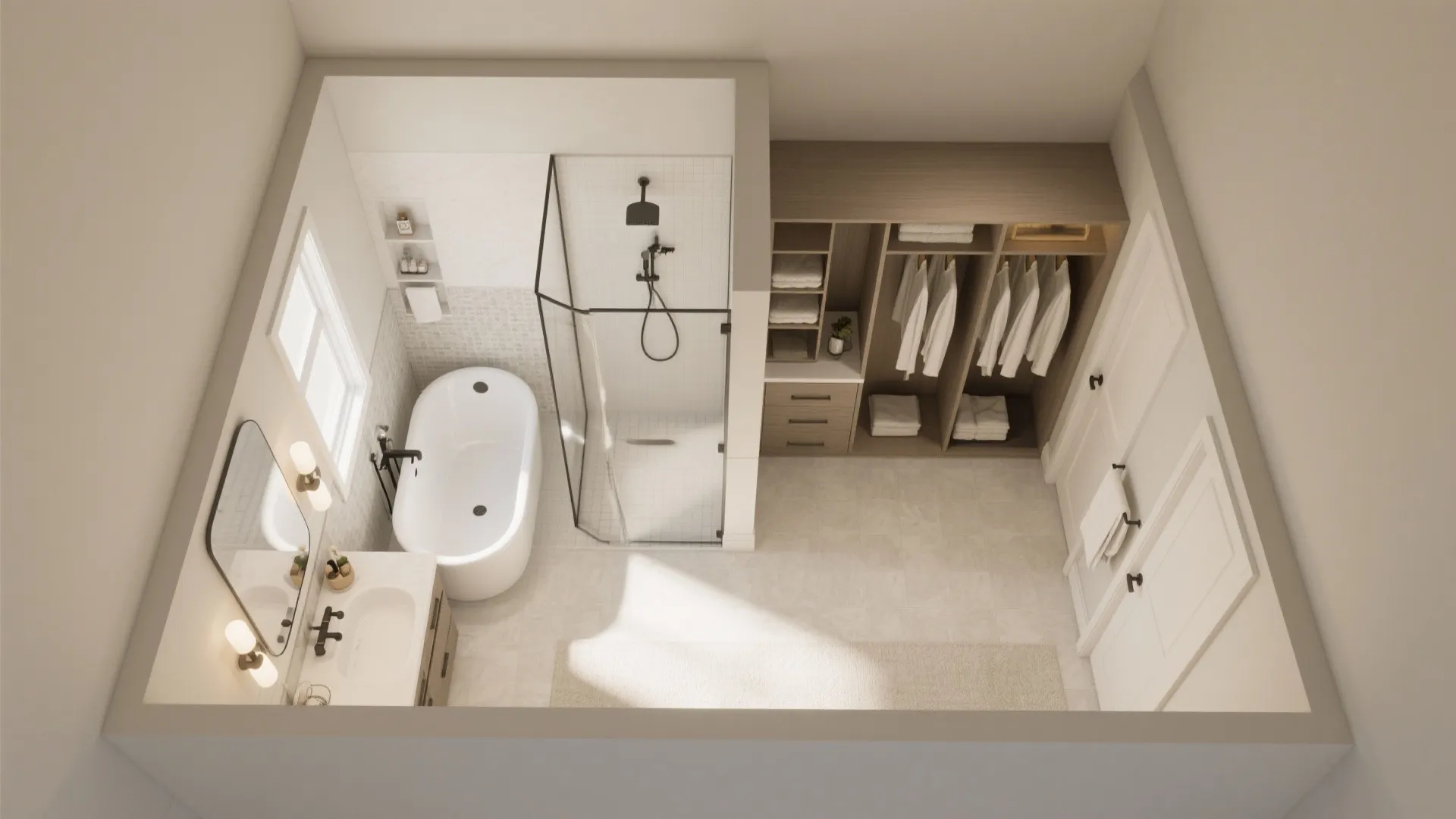 Top view of bathroom layout including a bathtub shower stall and open wooden walk in closet