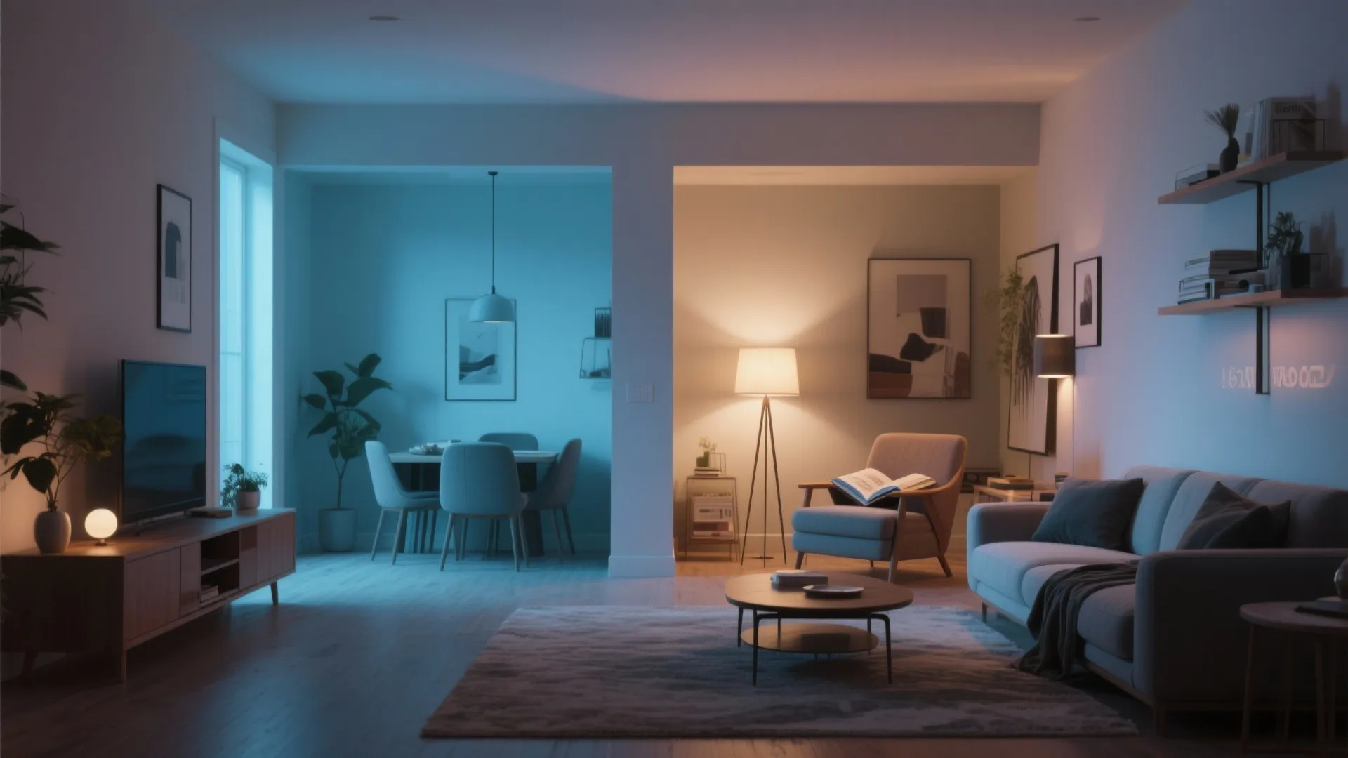 Open plan apartment layout showing a blue dining area and a warm lighted living room zone