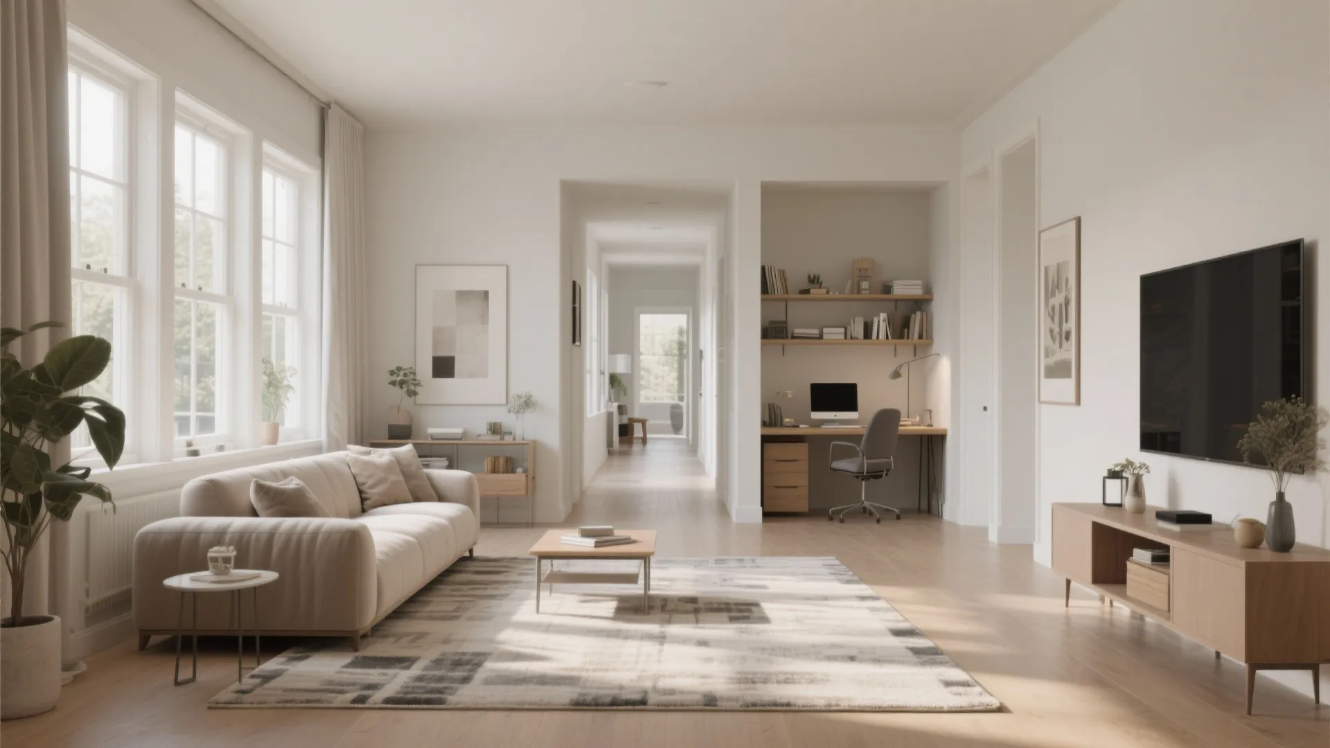 Modern bright living room with cream sofa wood coffee table and home office desk corner