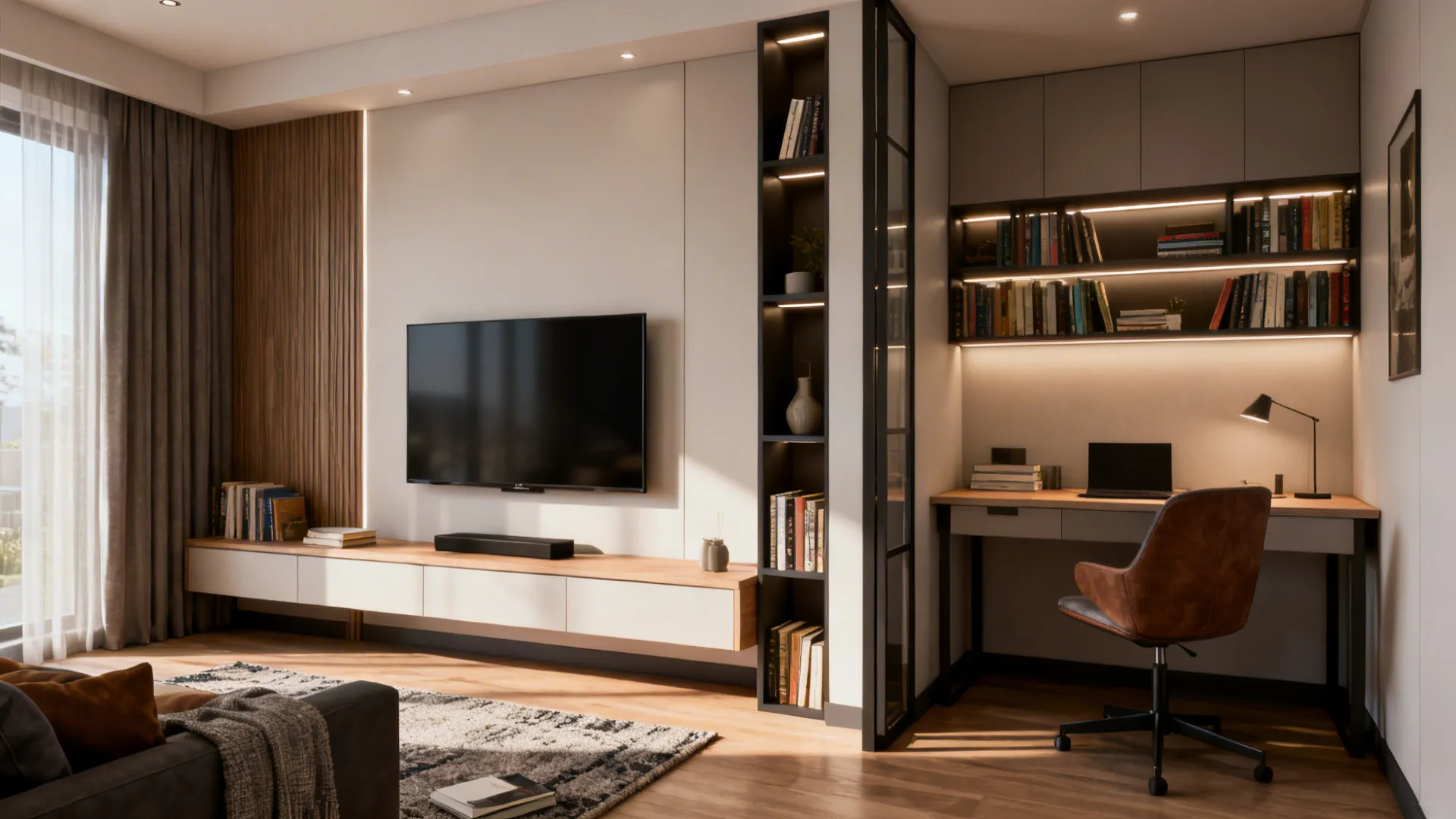 Small living room split into TV area and a reading/work nook with a low console divider