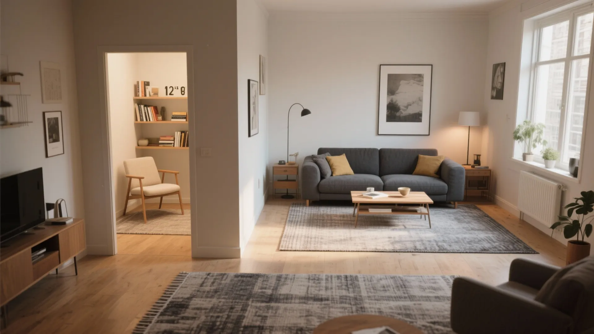 Modern living room with grey sofa wooden coffee table grey rug and a small home office
