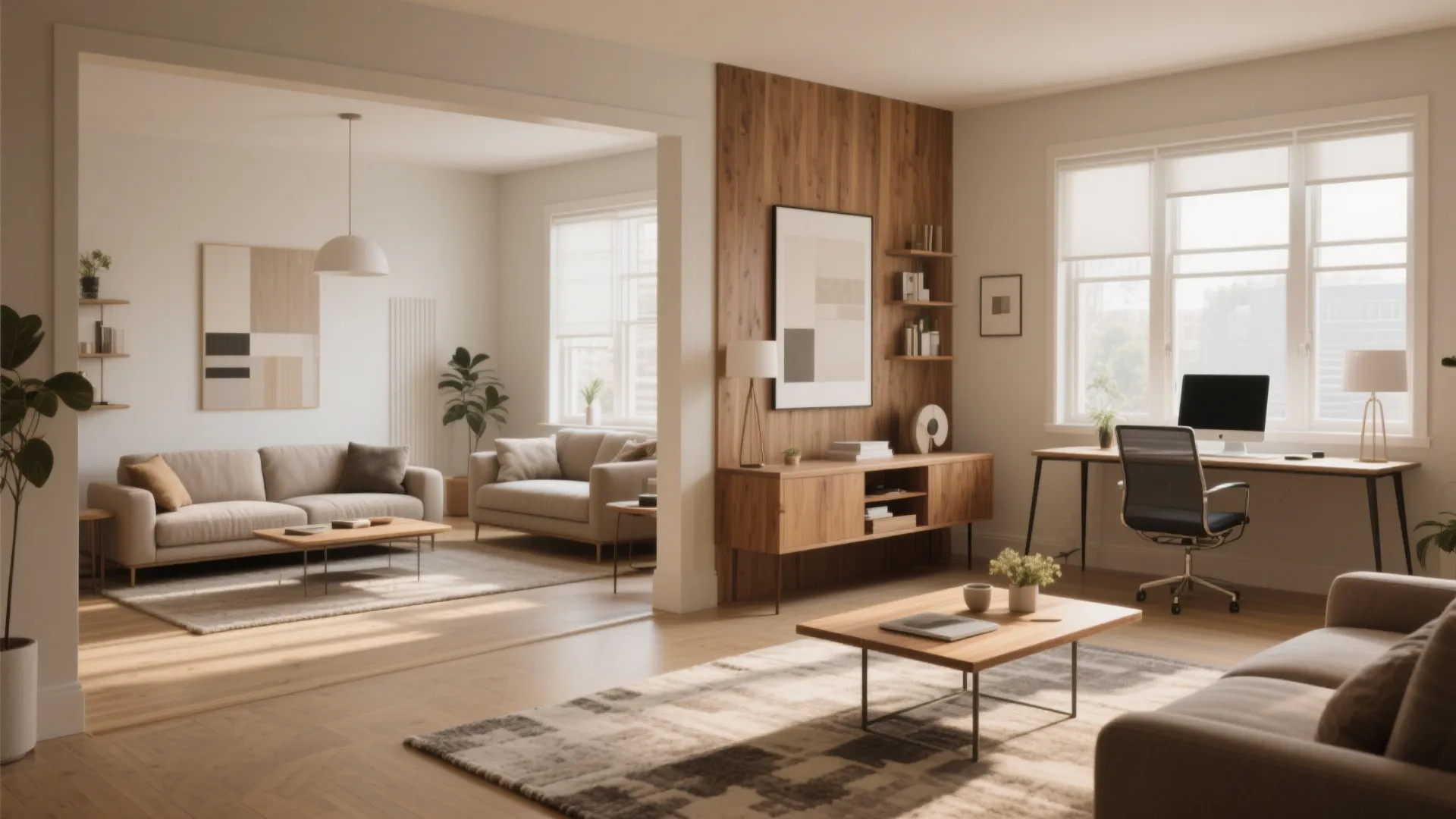 Modern living room and office area featuring wooden wall panel desk chair and two grey sofas