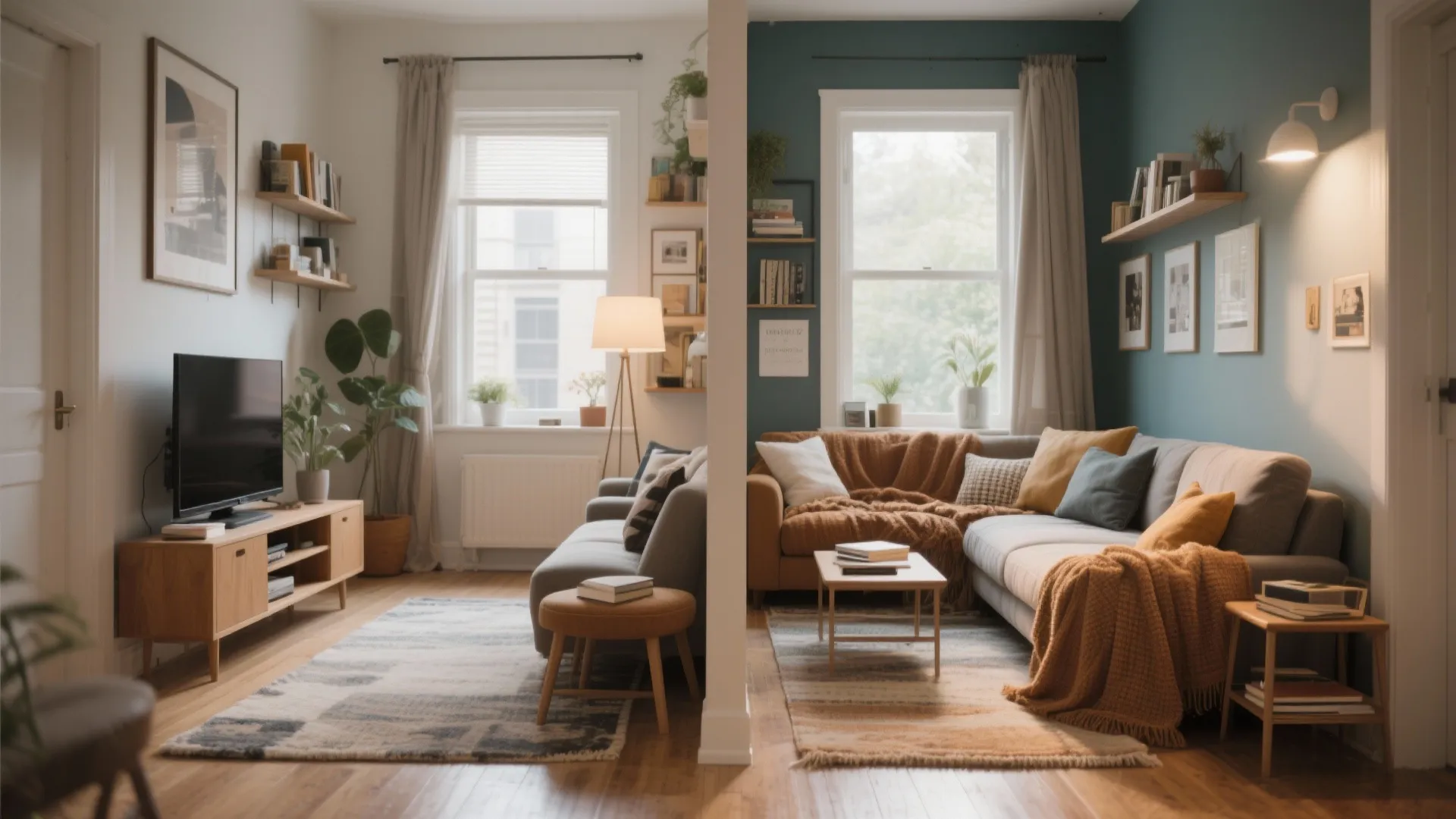 Modern small living room split into two zones with grey sofa blue wall and wooden floor