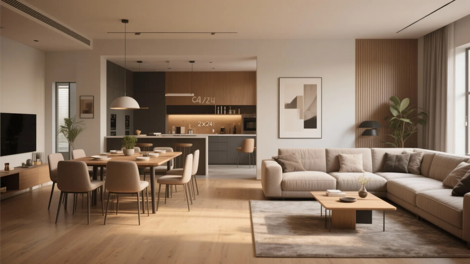 Open dining area with wooden table and chairs next to living room with beige sofa