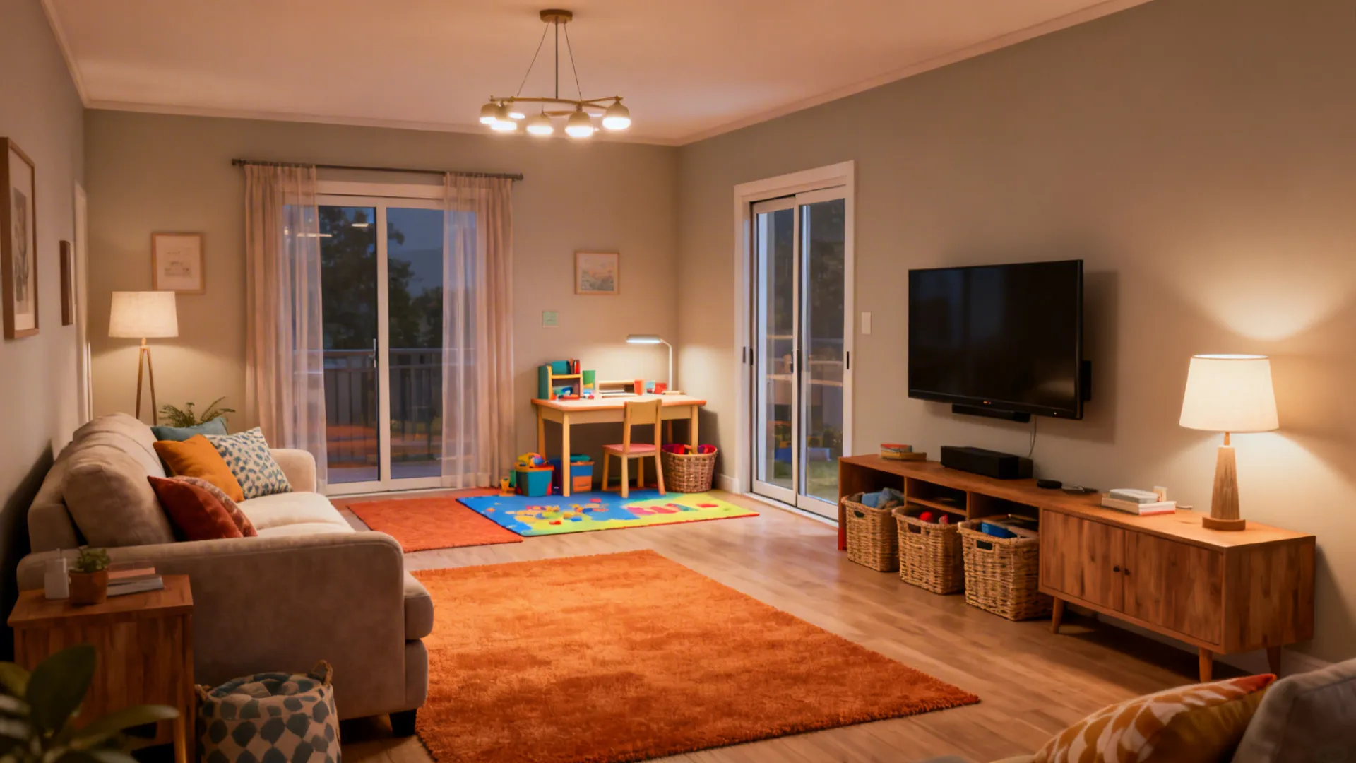 Dual-zone L-shaped living room with TV area and a compact home office or kid corner separated by rugs and lighting