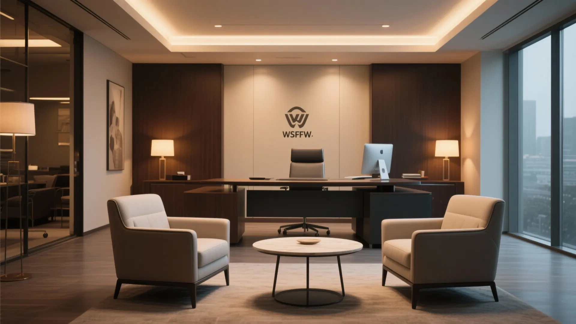 Modern executive office with wood desk leather chairs large windows ceiling light and warm lamps