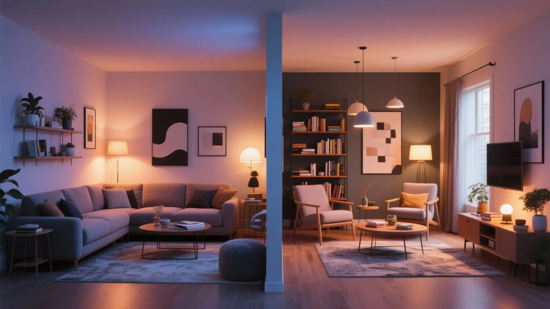 Living room layout with two separate seating areas featuring sofa, armchairs, bookshelf, and warm indoor lighting