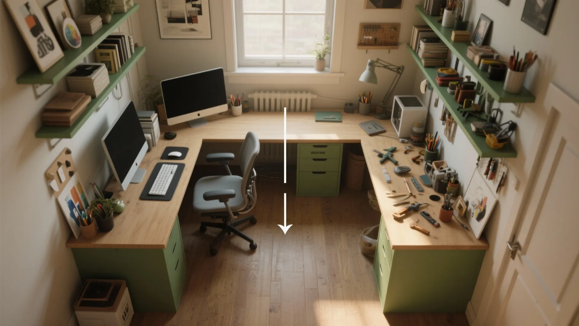U-shaped wooden desk in green home office with computer station and craft workspace under shelves