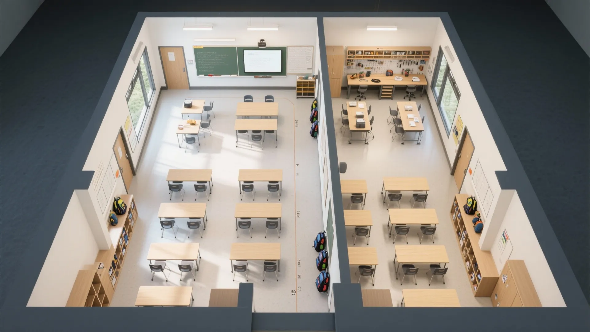 Interior design drawing showing a two room layout with study desks and organized storage cabinets